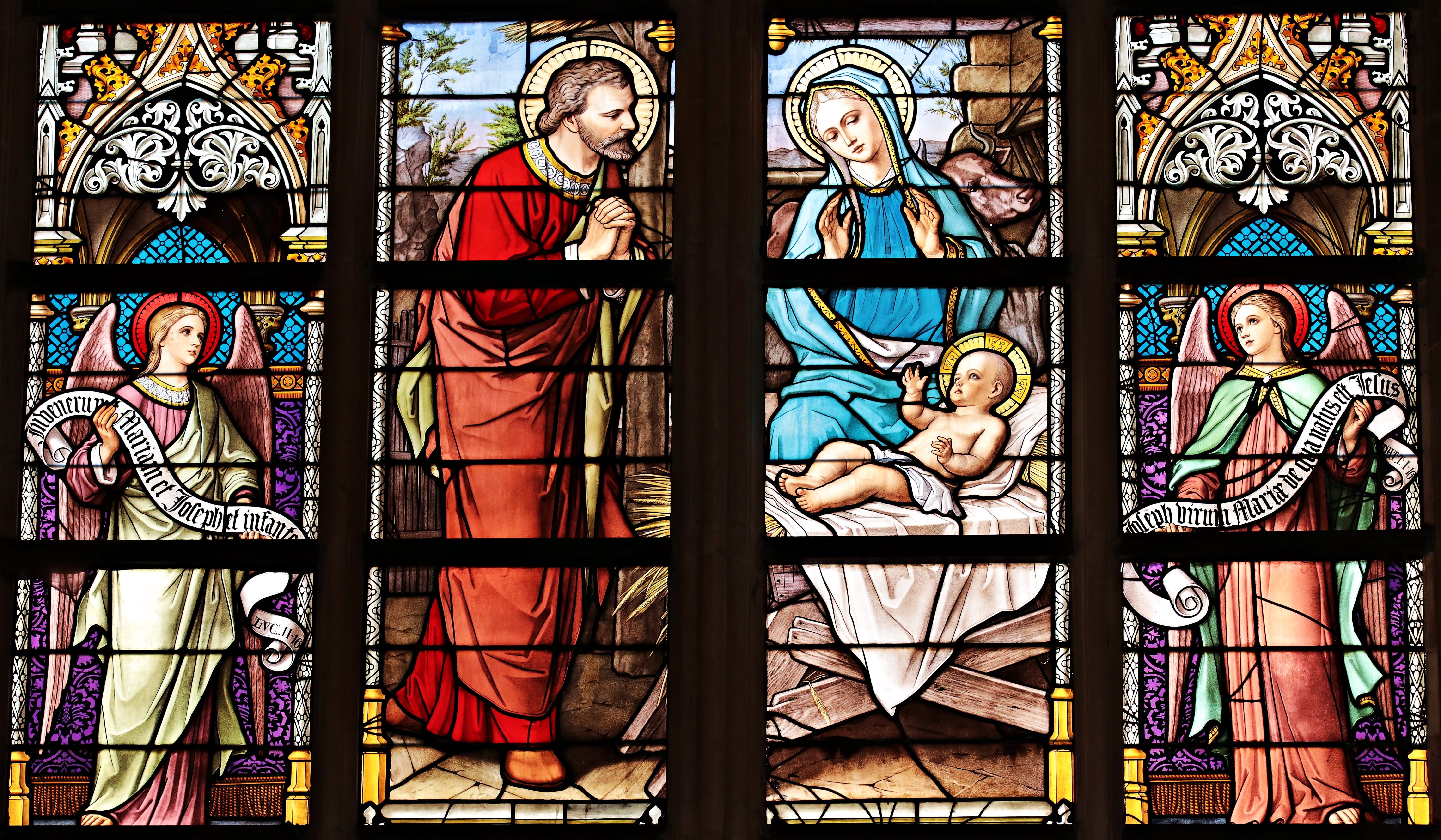 faith, colorful, female likeness, chapel, color, church window, male likeness, glass - material, church, 5K, art and craft, sacred, human representation, HD Wallpaper