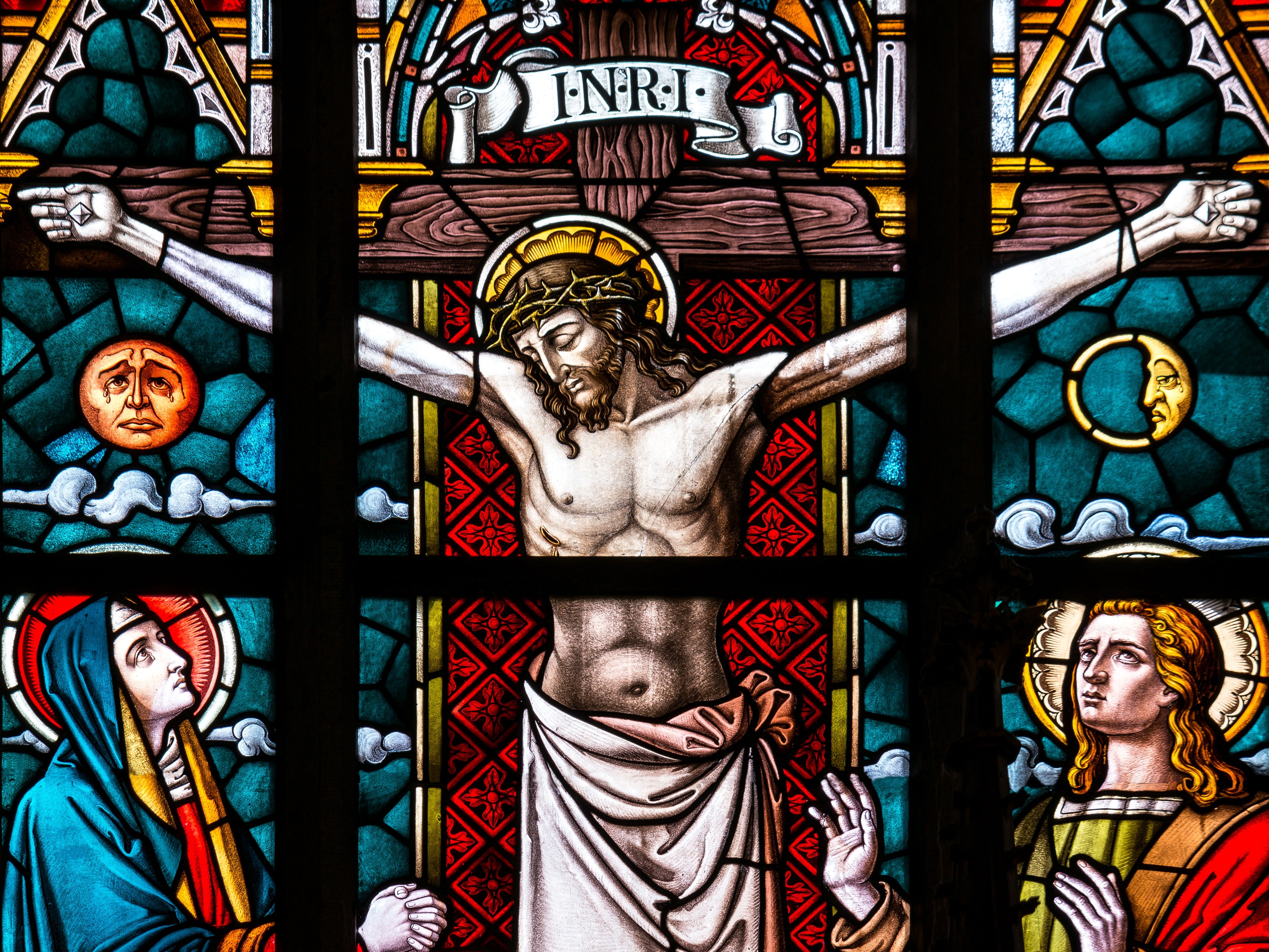 indoors, illustration, cross, female likeness, prayer, place of worship, creativity, crucifix, craft, church, Christ, art, faith, holy, spirituality, 4K, HD Wallpaper