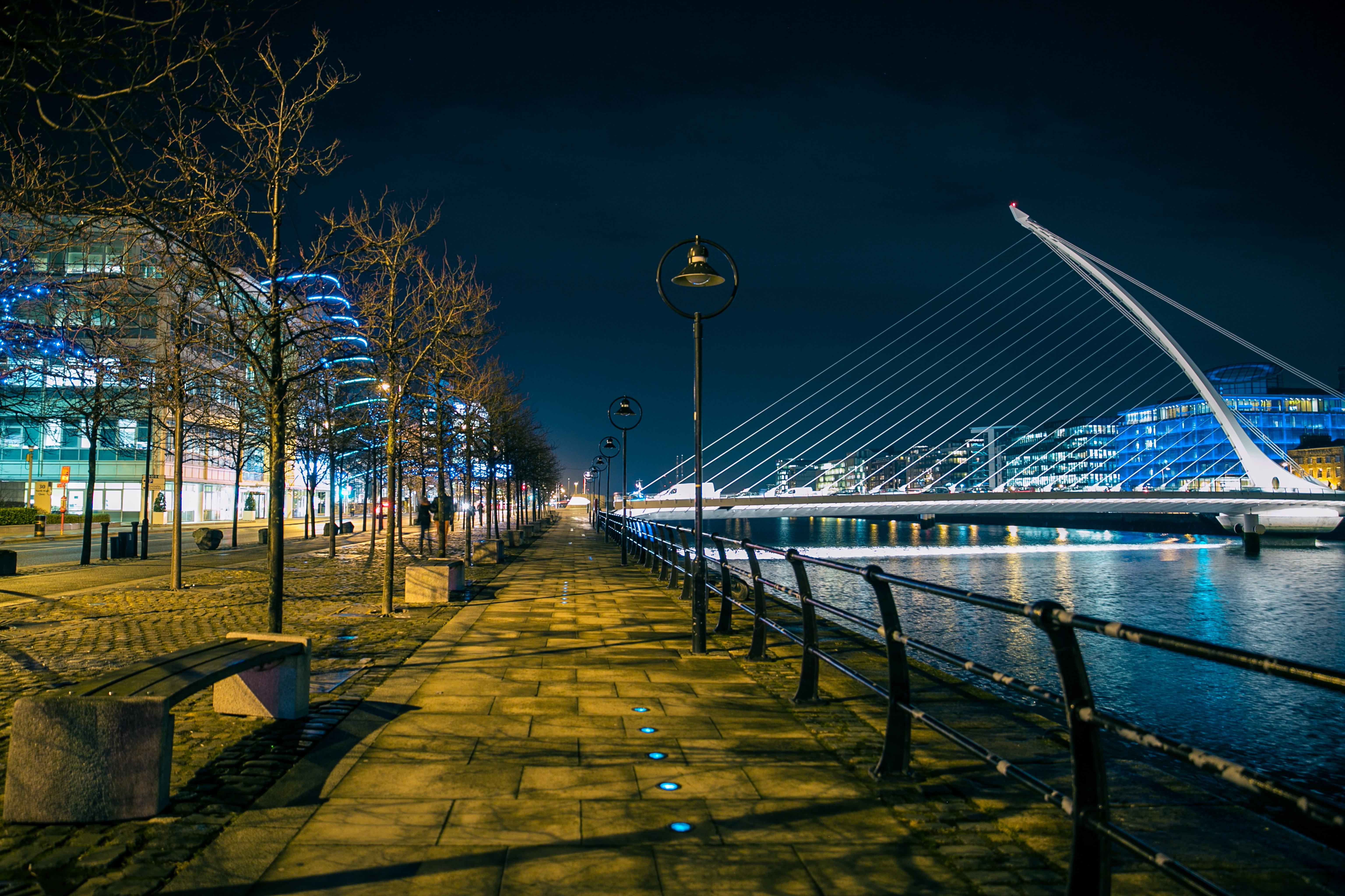 architecture, lighting equipment, samuel, water, 5K, street, building exterior, ireland, sky, built structure, railing, nature, footpath, samuel beckett bridge, HD Wallpaper
