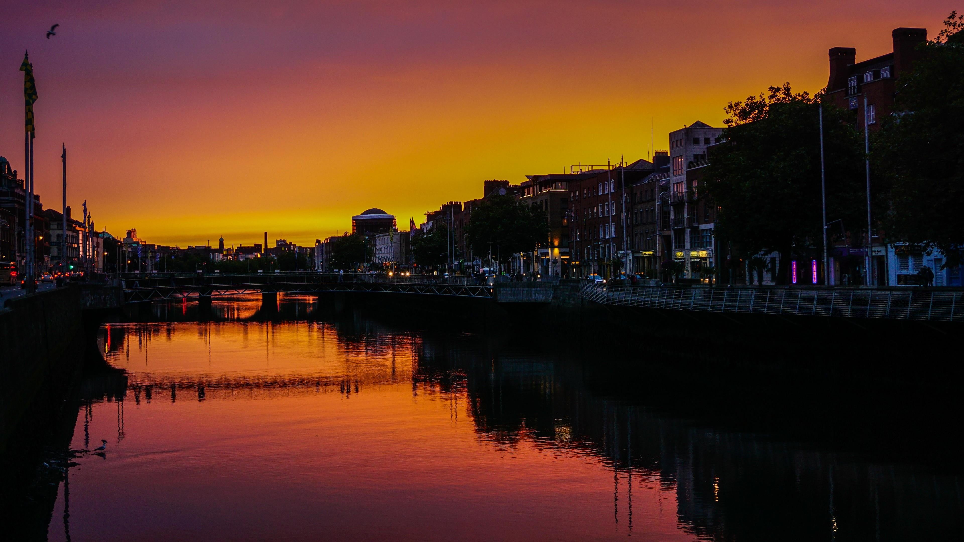 river, illuminated, architecture, 4K, great britain, dublin, nature, arch bridge, dusk, bridge, reflection, bridge - man made structure, built structure, HD Wallpaper