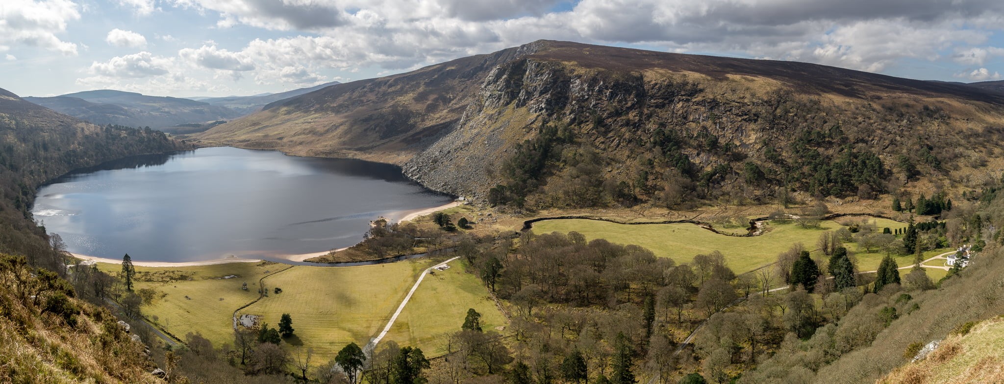 green, mountain, panoramic, Lough Tay, lake, fe, tay, sony a7, travel, geotagged, clouds, outdoors, photography, Ireland, 1080P, dublin, landscape, guinness, HD Wallpaper