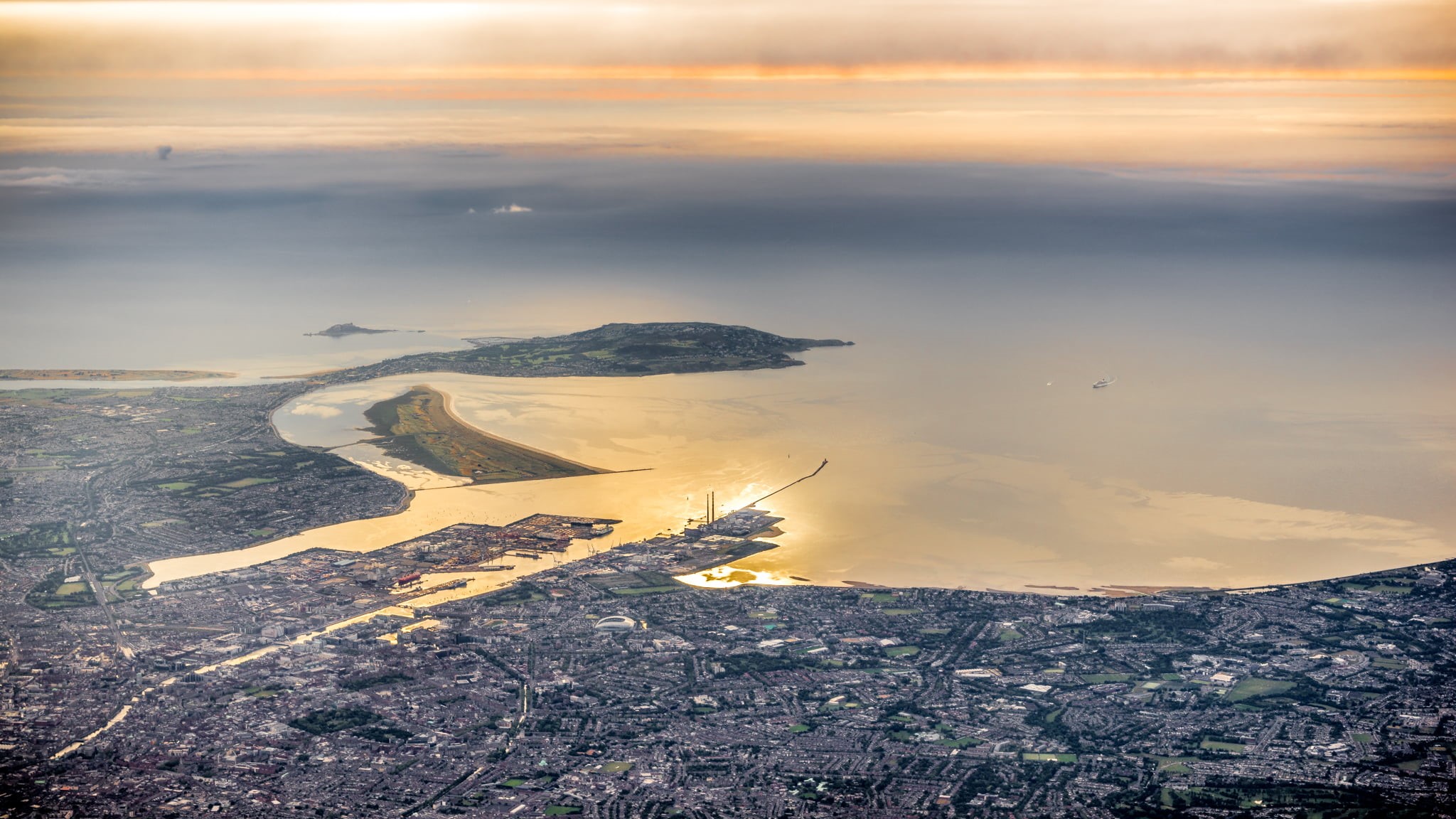 1080P, sea, view, clouds, europe, sony a7, dublin, Sunrise, city view, Ireland, portfolio, landscape, sunset, Aerial photography, Dublin bay, nature, horizon, HD Wallpaper