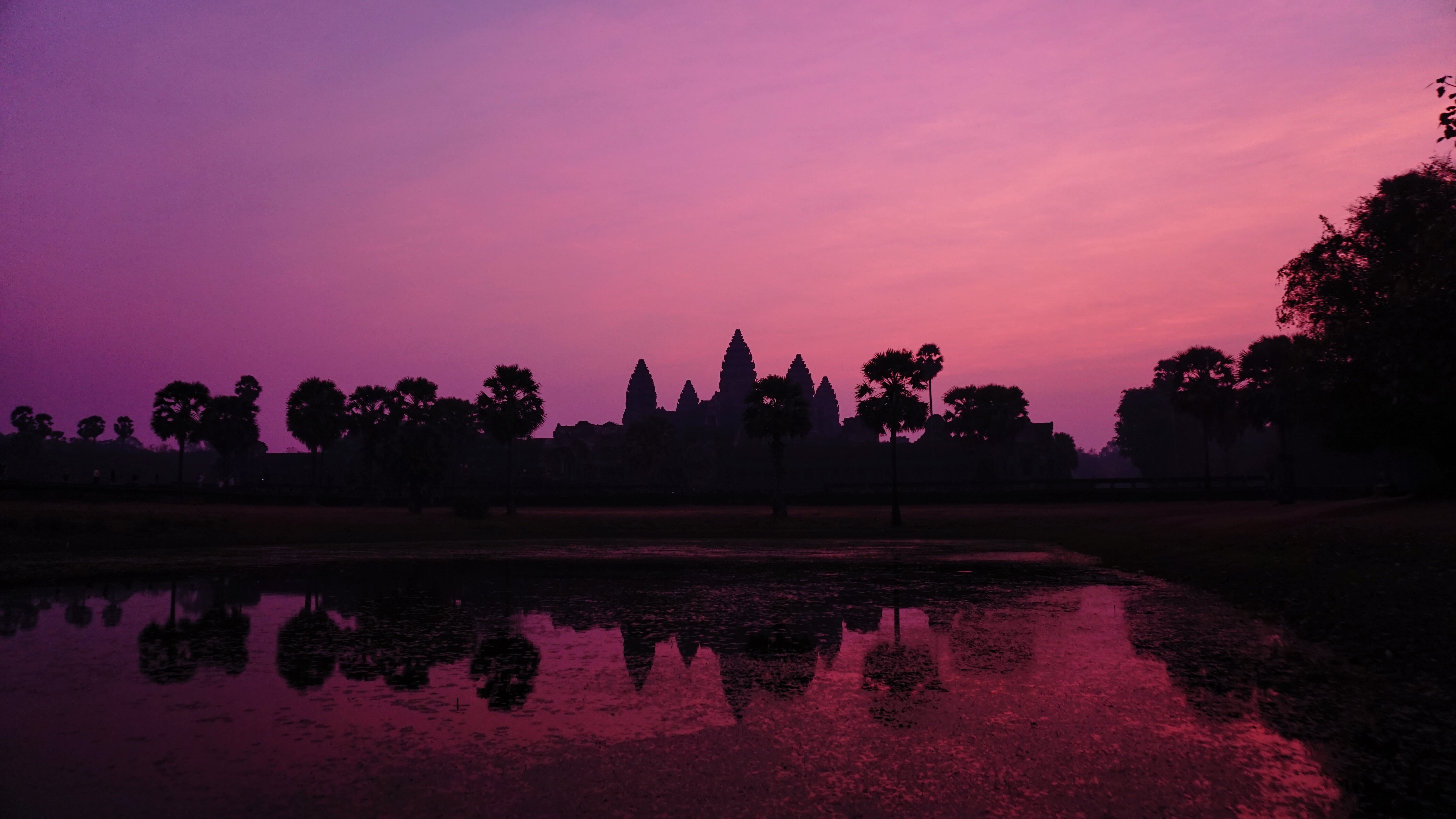 architecture, water, hour, religion, photo, lake, khmer, wat, sunset, marcel Siem, 5K, plant, angkor, myanmar, buddhism, no people, sky, twilight, silhouette, HD Wallpaper