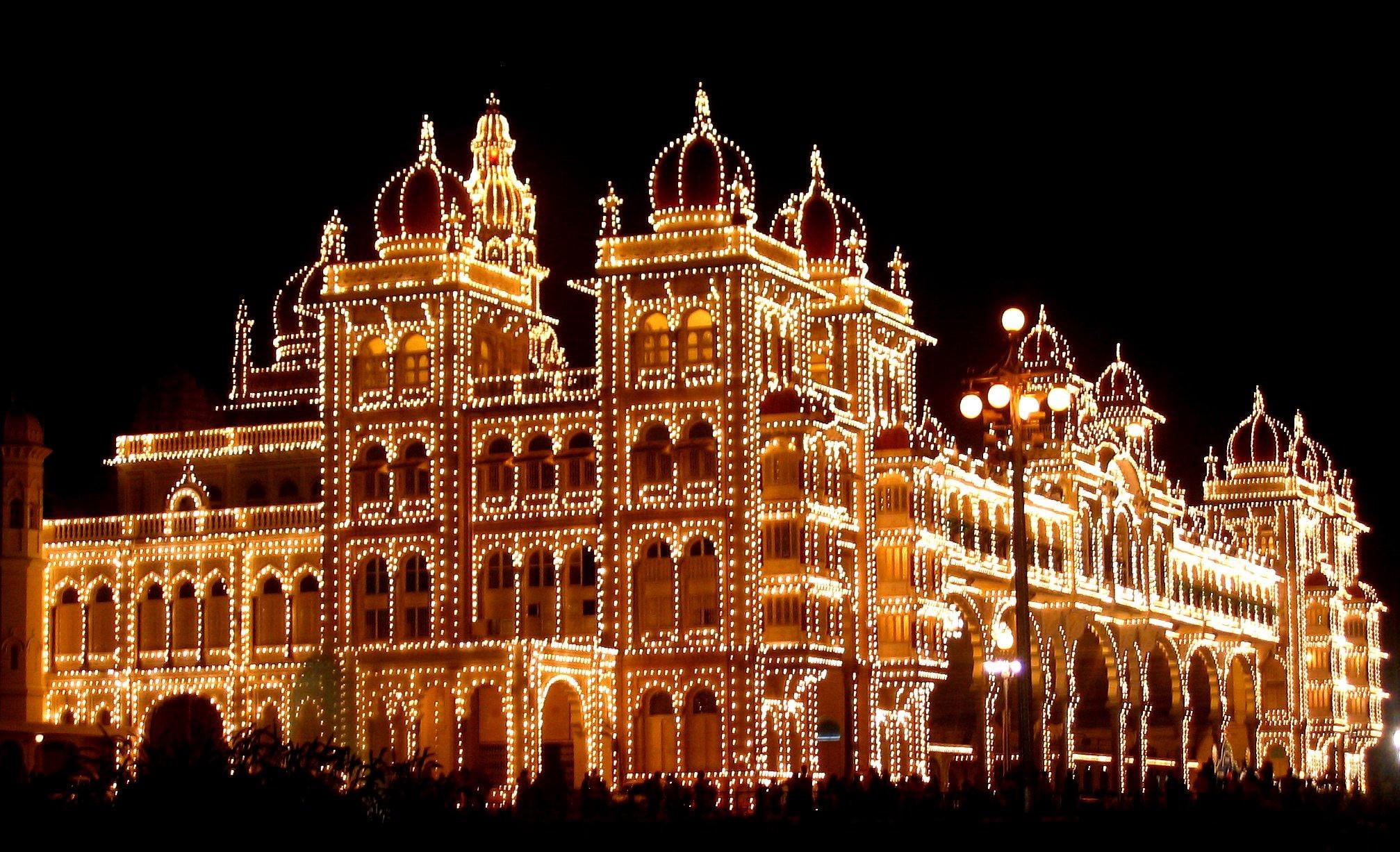 animals, hindu, mysore palace, yellow, building, hinduism, palace, ancient, lights, navatri, festival, string, 1080P, mysore, india, HD Wallpaper