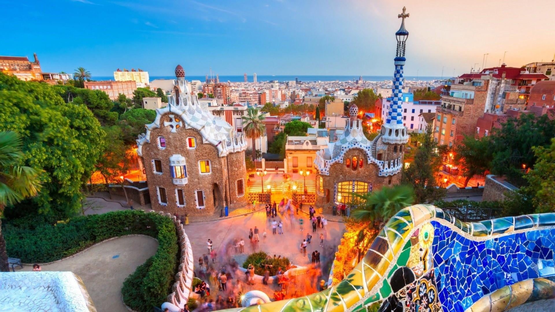 city, europe, built structure, travel destinations, landmark, sky, park güell, travel, cityscape, crowd, plant, tourism, architecture, group of people, HD Wallpaper