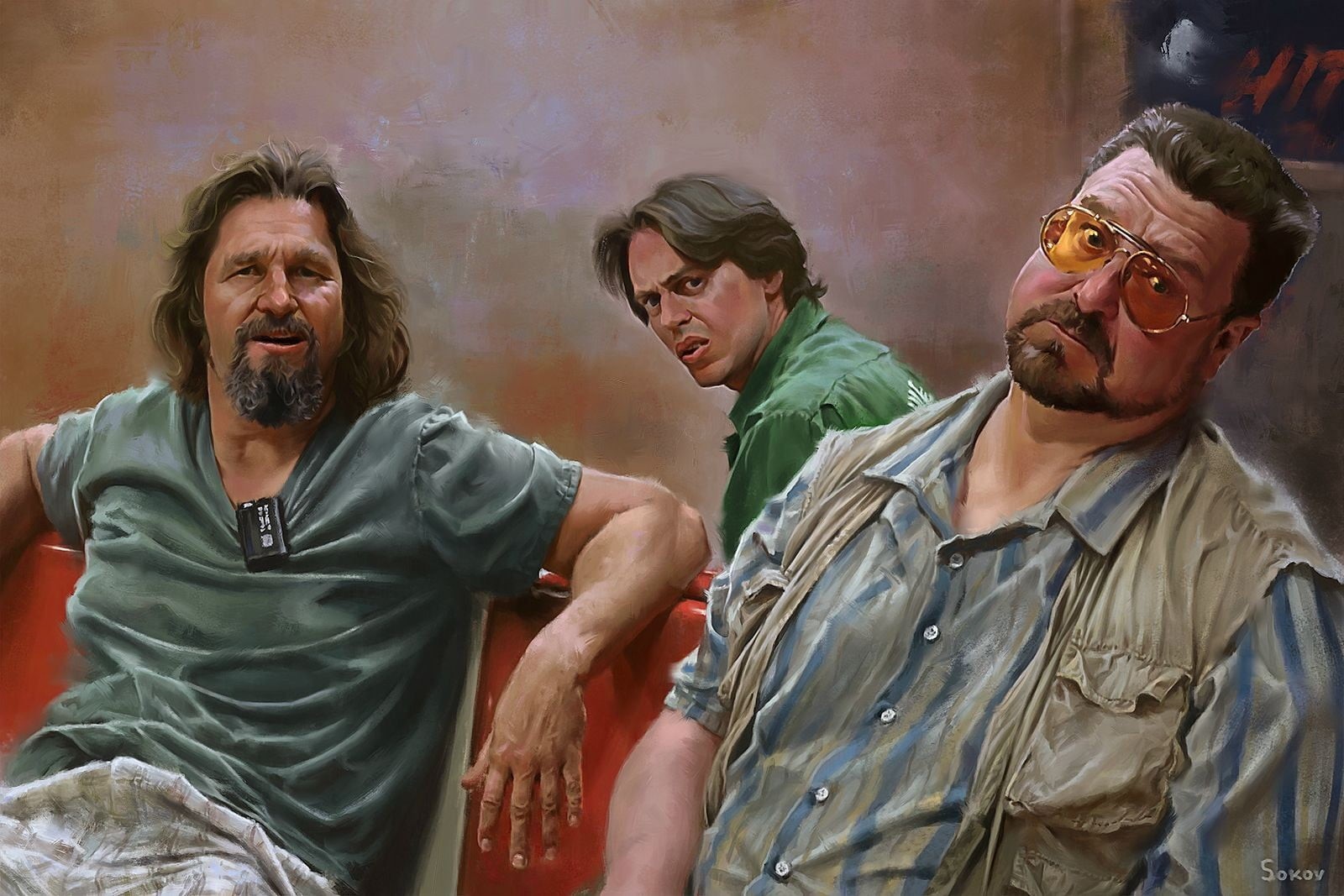 sitting, Walter Sobchak, Steve Buscemi, facial hair, males, s, mature men, indoors, women, adult, The Big Lebowski, artwork, dirty, shirt, group of people, HD Wallpaper