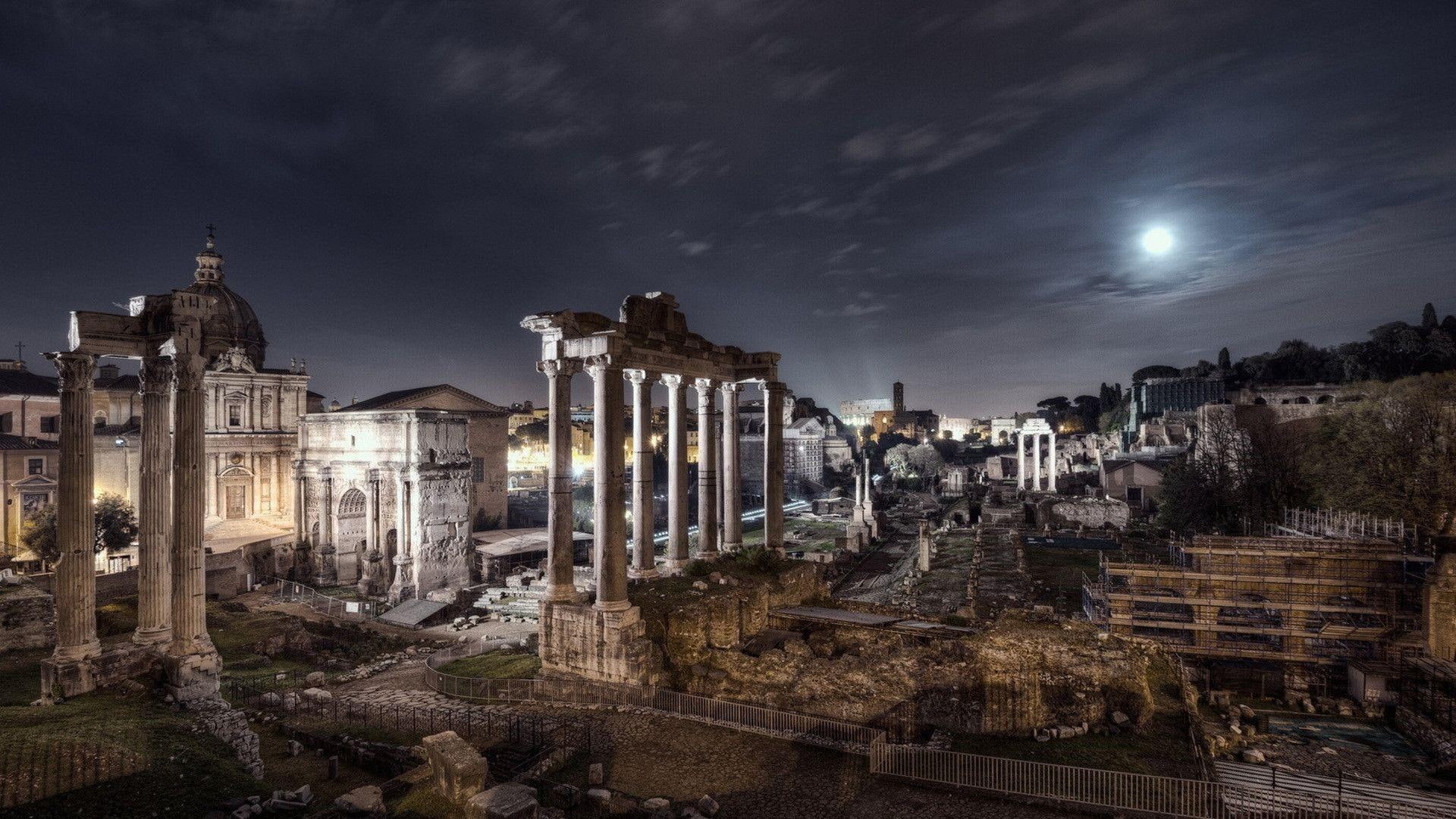 italy, roman forum, night, ancient, city, full moon, 1080P, rome, HD Wallpaper