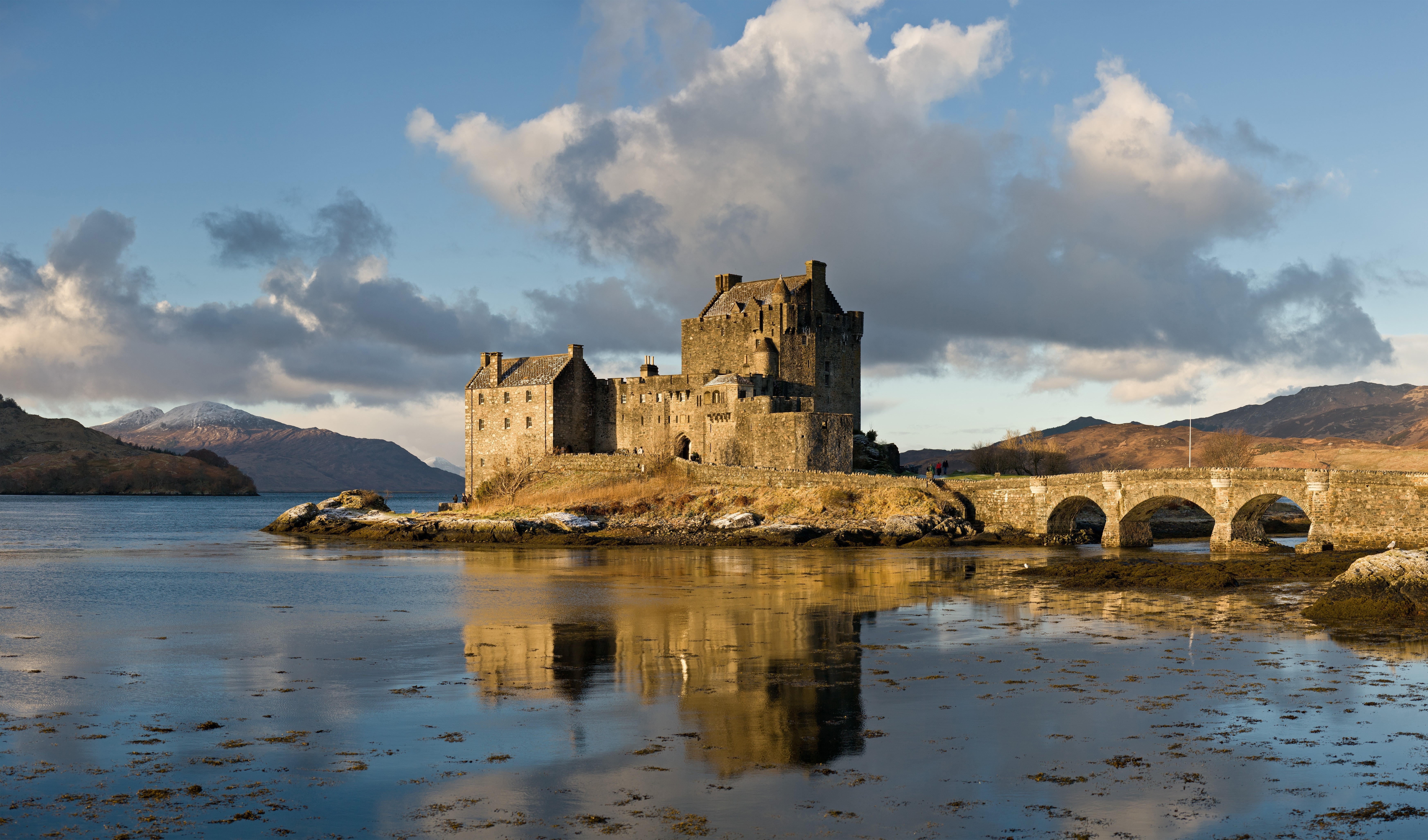 Eilean Donan, UK, Scotland, lake, castle, 5K, reflection, clouds, bridge, HD Wallpaper