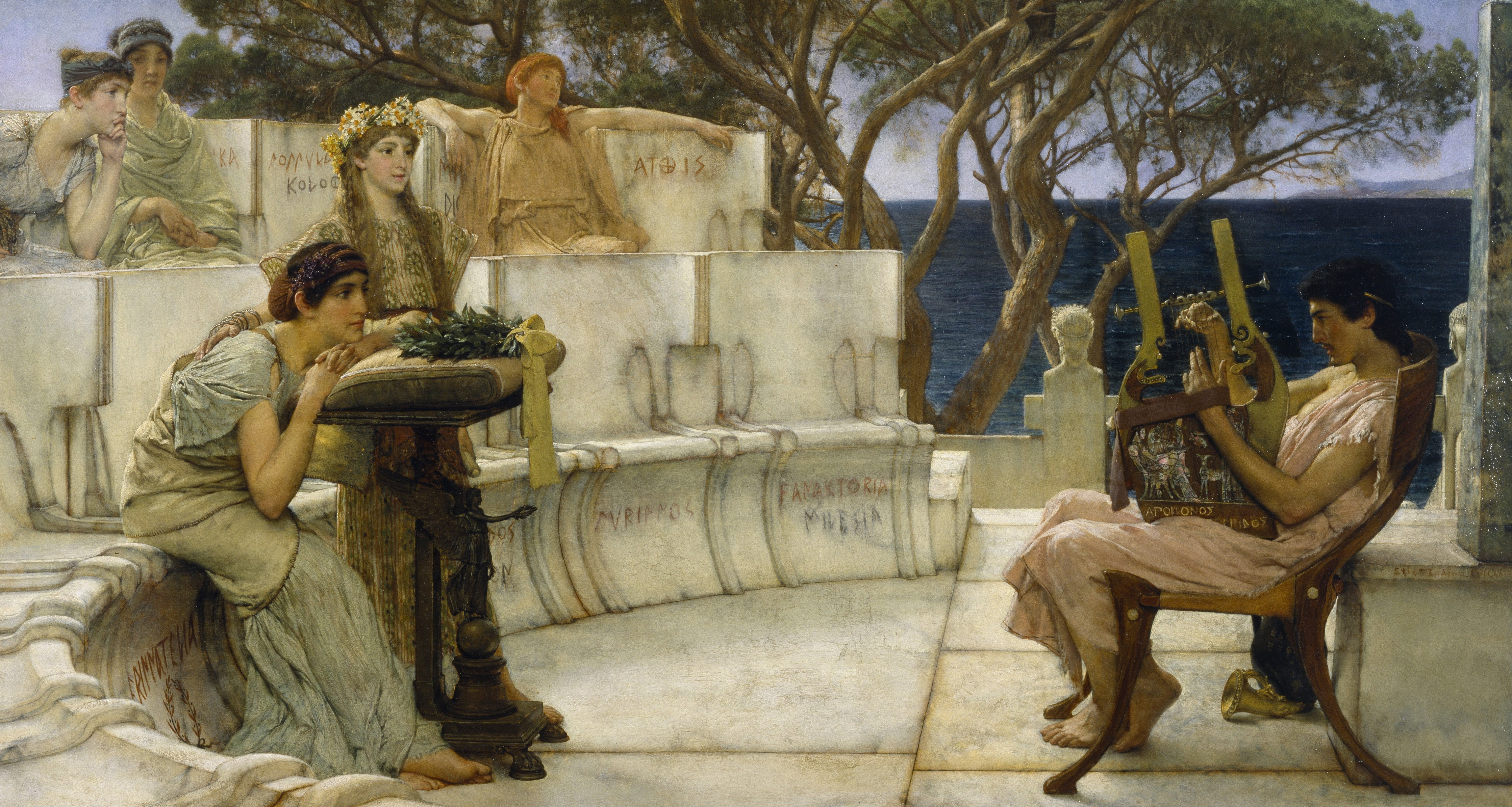 Lawrence Alma-Tadema, Sappho and Alcaeus, picture, music, mythology, 5K, HD Wallpaper