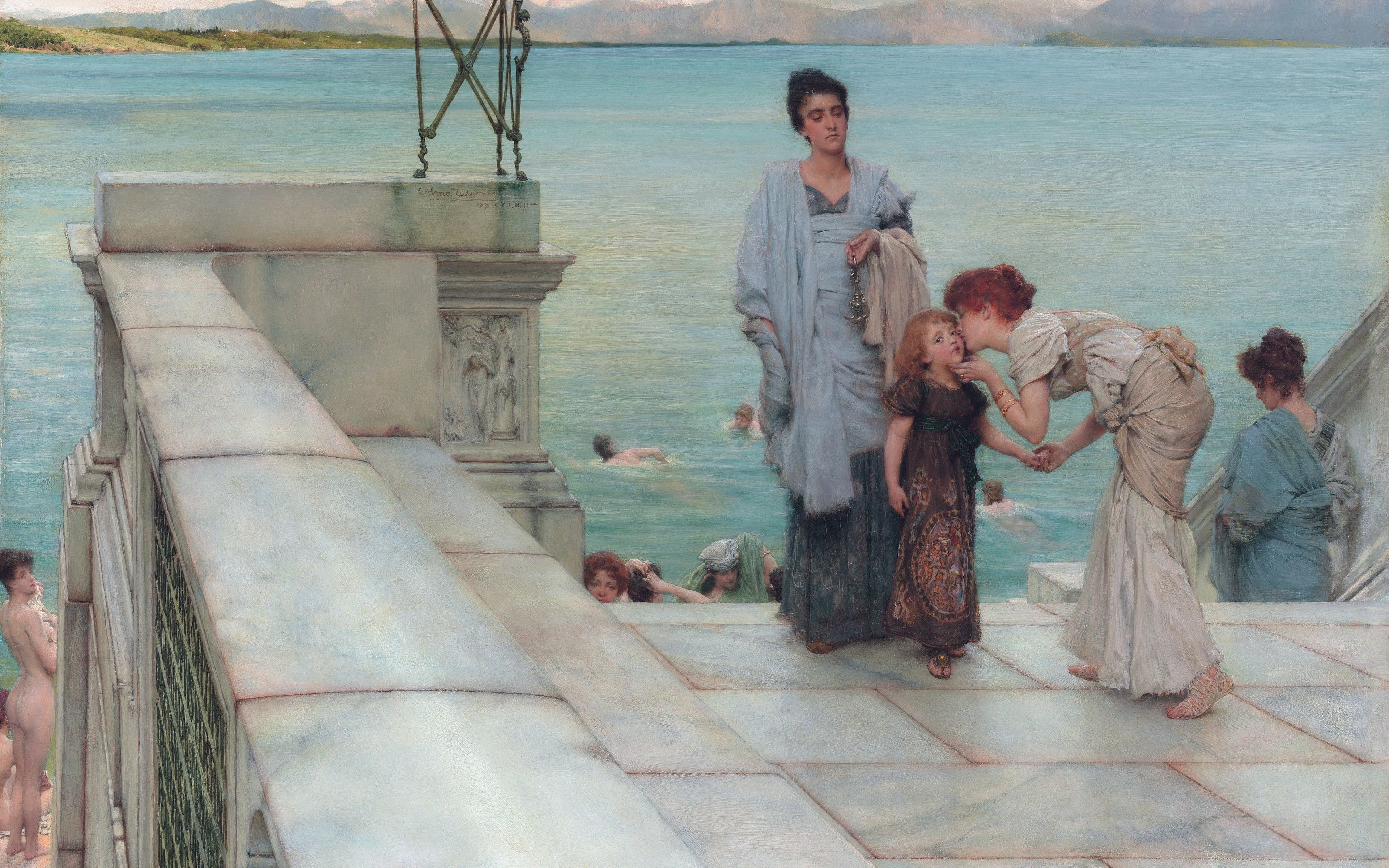 Lawrence Alma-Tadema, Kiss, oil on canvas, 1891, 4K, British painter, A kiss, HD Wallpaper