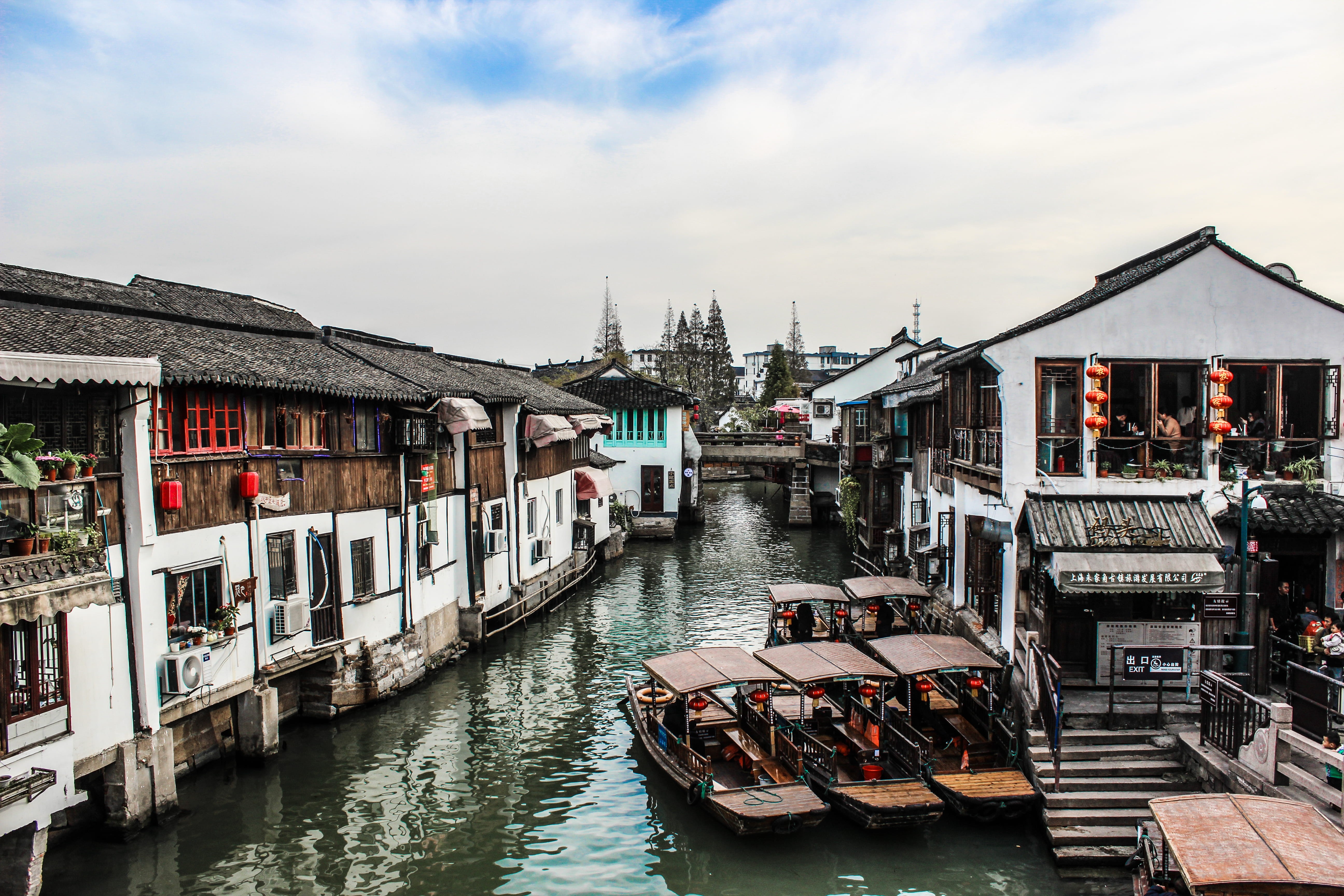 nautical vessel, ancient, outdoors, houses, boats, mode of transportation, sky, no people, zhujiajiao ancient town, canal, house, old, houseboat, day, town, HD Wallpaper