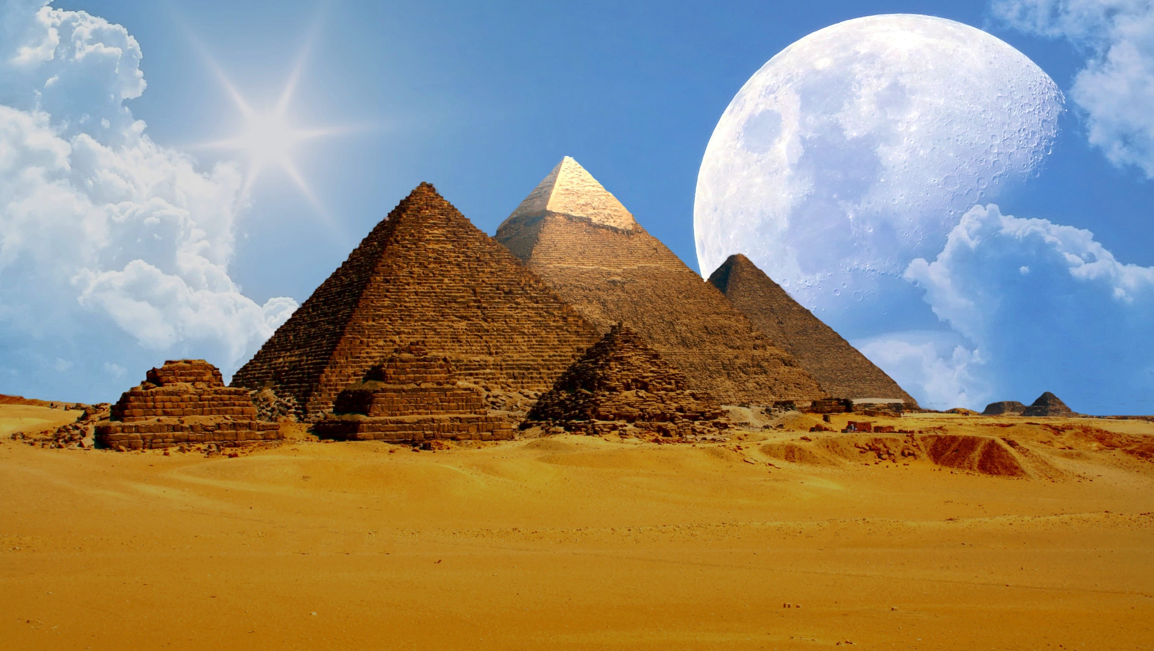 ancient civilization, fantasy, gizeh, old ruin, super moon, mystical, outdoors, cairo, ancient, 2K, white, cheops pyramid, moon, sphinx, scenics - nature, HD Wallpaper