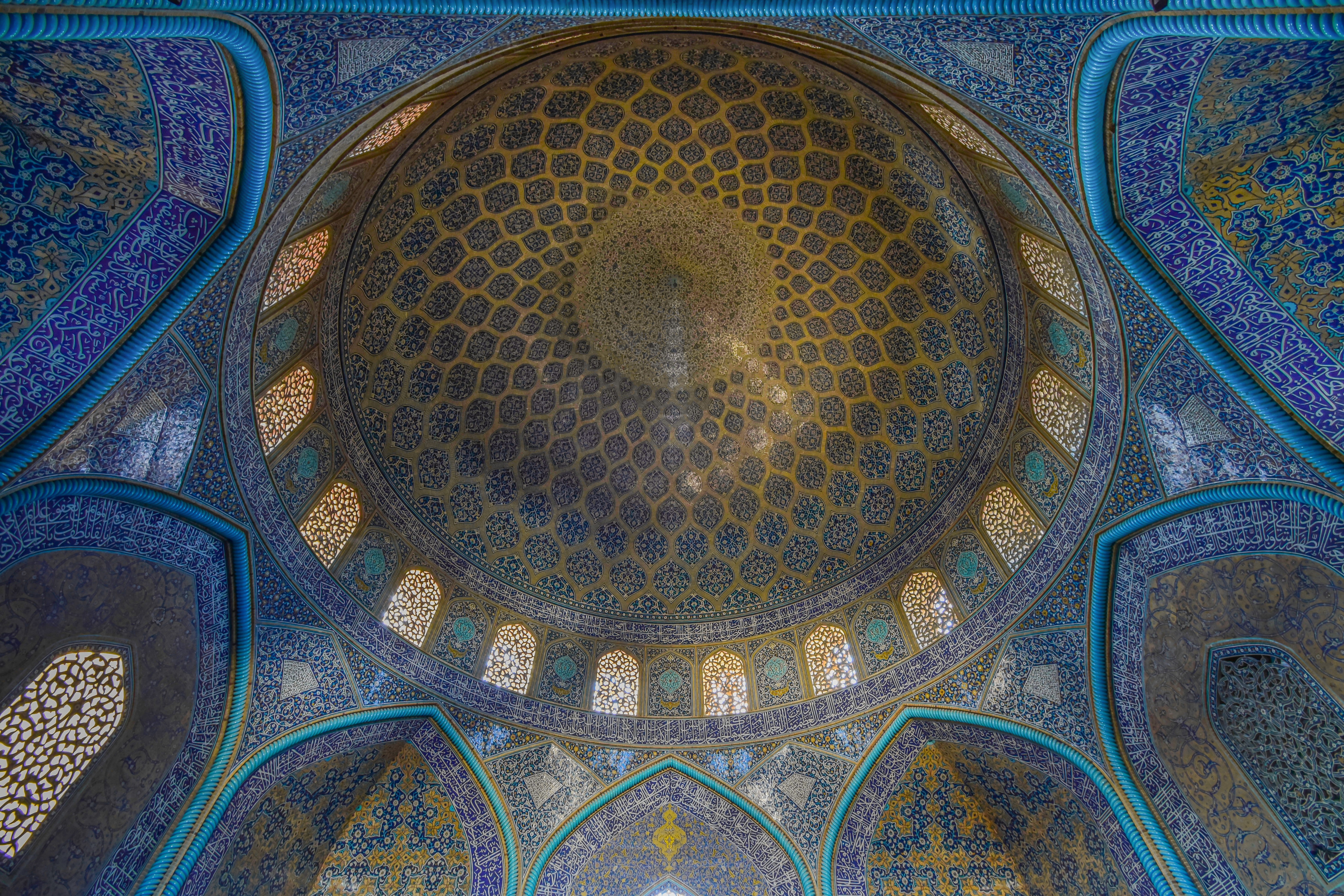 travel destinations, arched, art, pattern, spirituality, shape, art and craft, glass, isfahan, religion, rug, built structure, iran, lookingup, apse, vault ceiling, HD Wallpaper