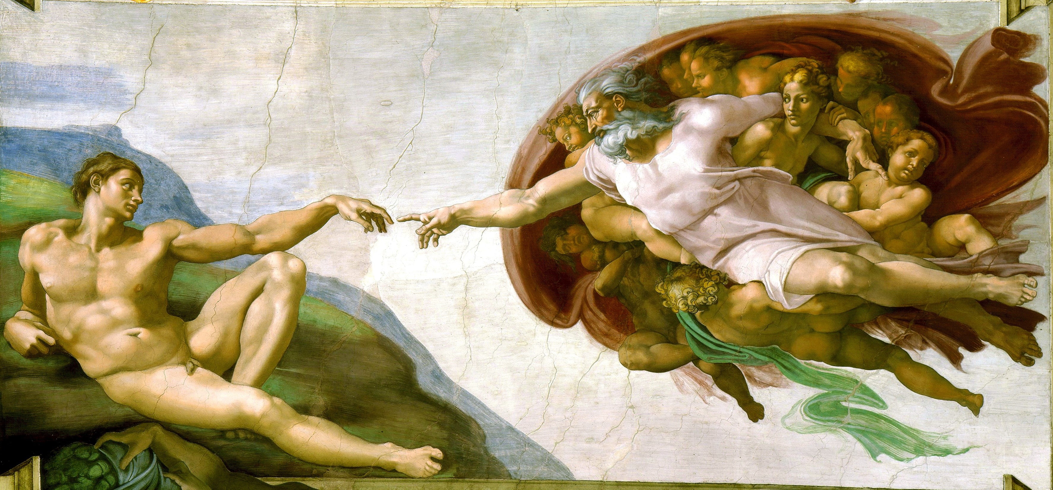 The Creation Of Adam, Fresco Michelangelo, Museum: the Sistine chapel, Michelangelo, 2K, HD Wallpaper