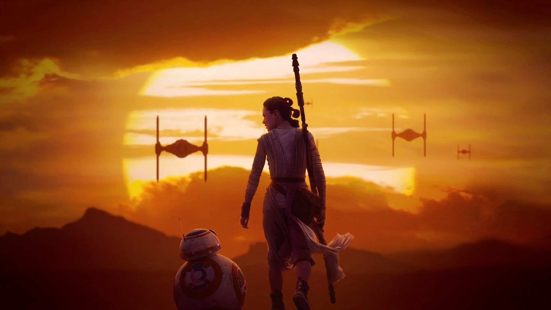 orange color, cloud - Sky, sword, Rey, three quarter length, character, beauty in nature, representation, holding, weapon, people, war, warrior, male likeness, HD Wallpaper