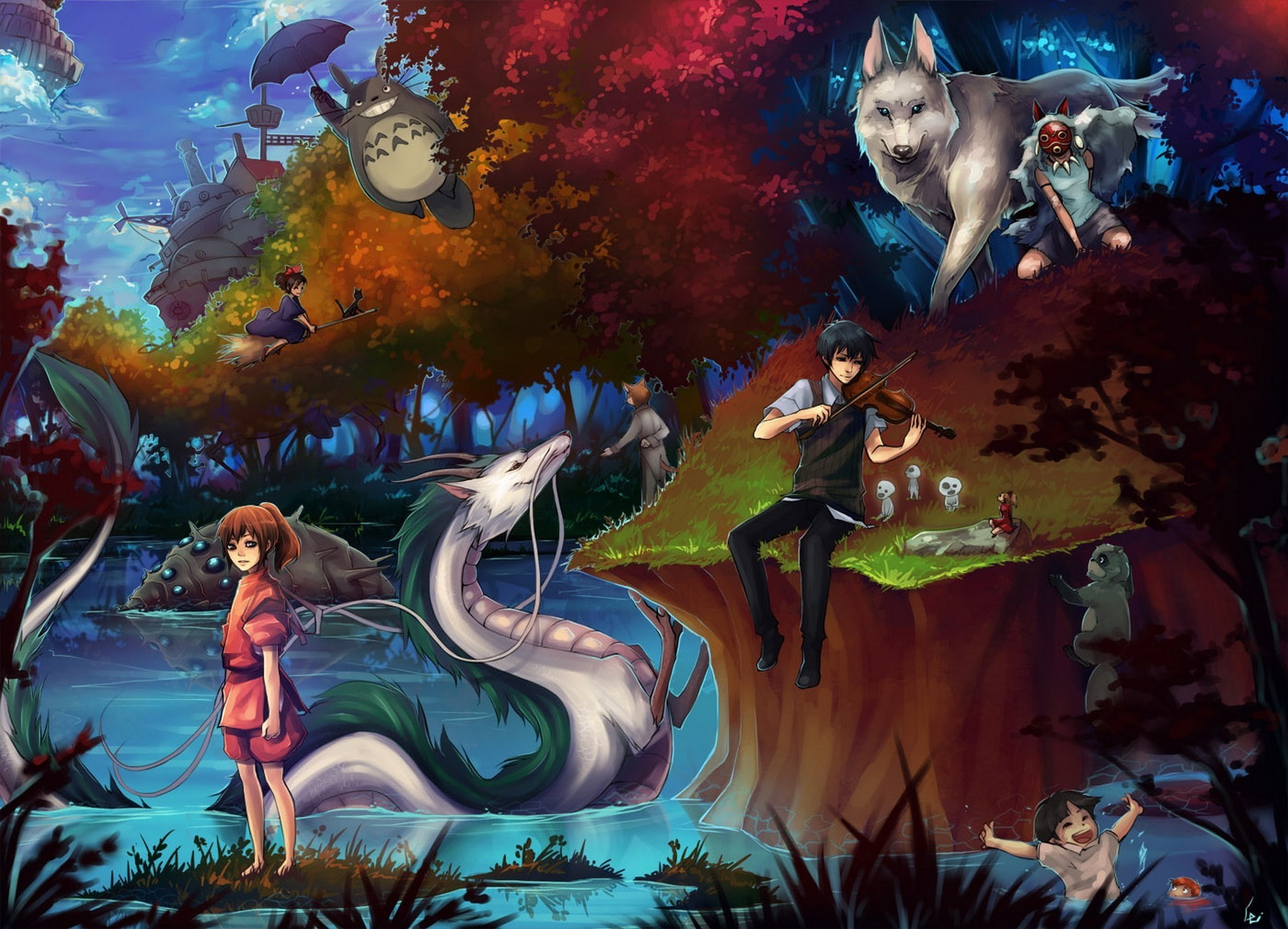anime, jiji, spirited away, unodu, 1080P, kaze no tani no nausicaa, san, ponyo, girls, guy, tonari no totoro, mononoke hime, my neighbor Totoro, Howls Moving Castle, HD Wallpaper
