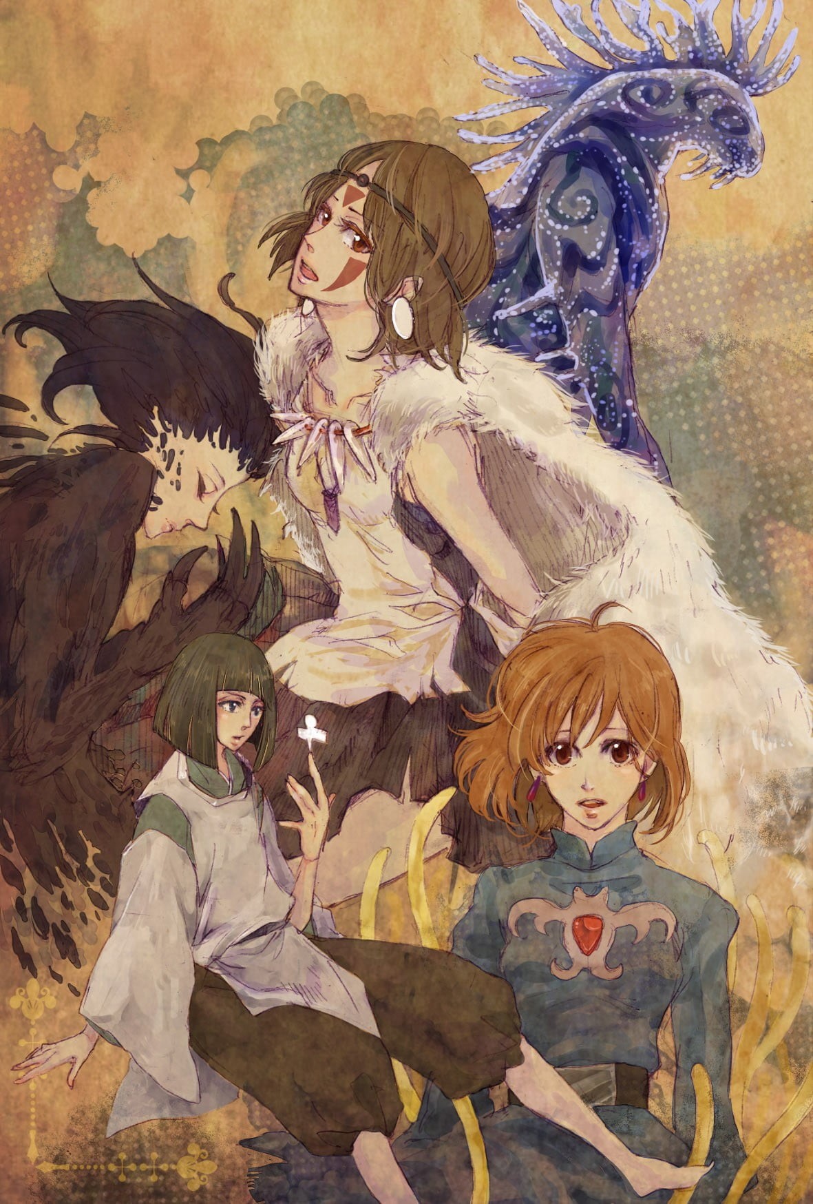 painted, anime, belief, female likeness, human representation, 720P, architecture, Princess Mononoke, painted image, male likeness, creativity, Nausicaa of the Valley of the Wind, Phone HD Wallpaper