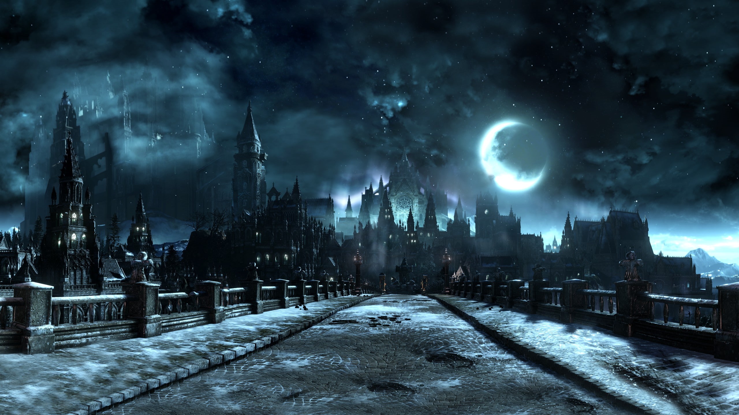 office building exterior, building exterior, astronomy, transportation, winter, dark souls iii video games castle cathedral bridge moon screen shot village, HD Wallpaper