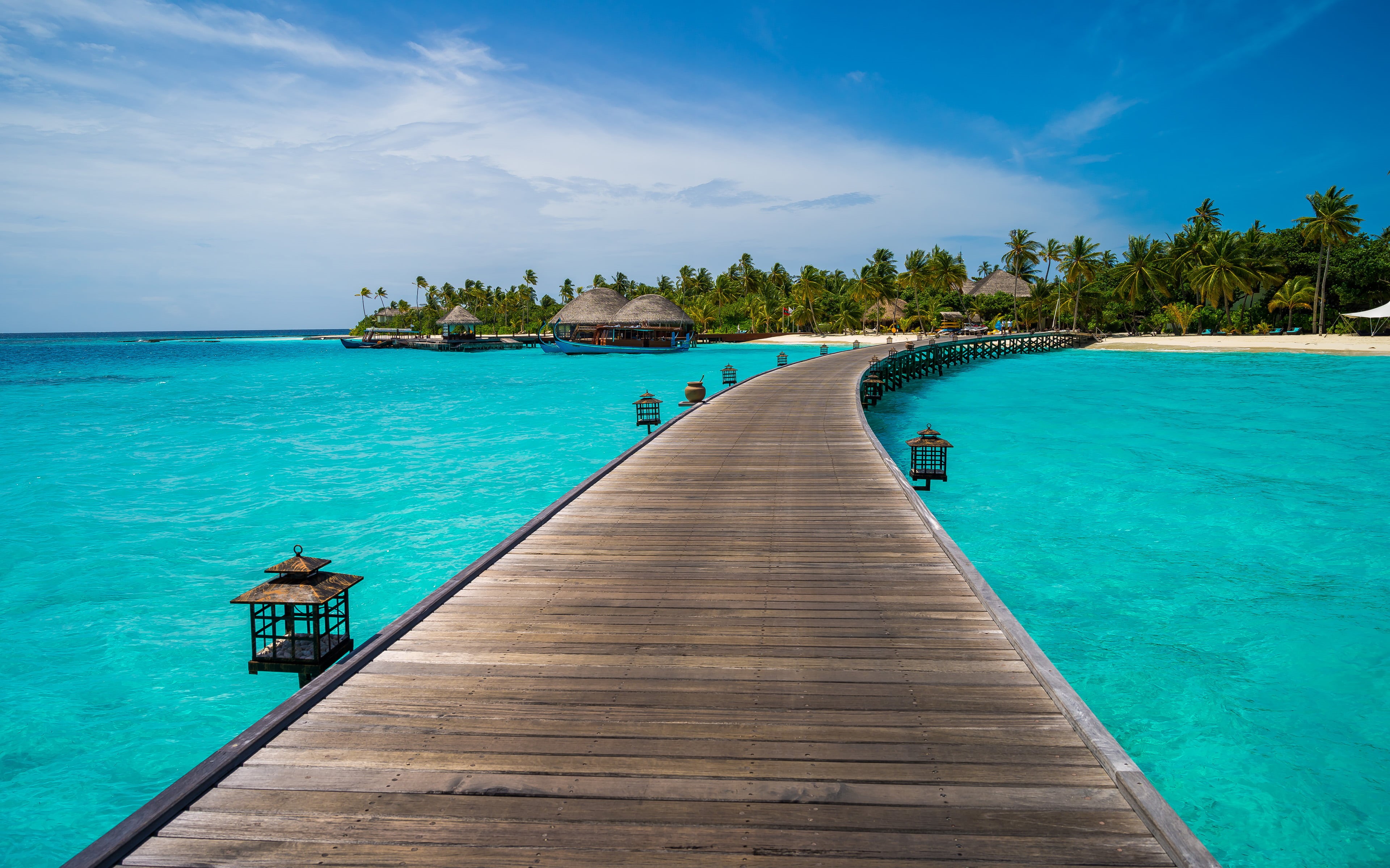 pier, idyllic, turquoise colored, direction, tranquility, water, bandos, island, beach, outdoors, tropical climate, holiday, wood - material, desktop, the way forward, HD Wallpaper