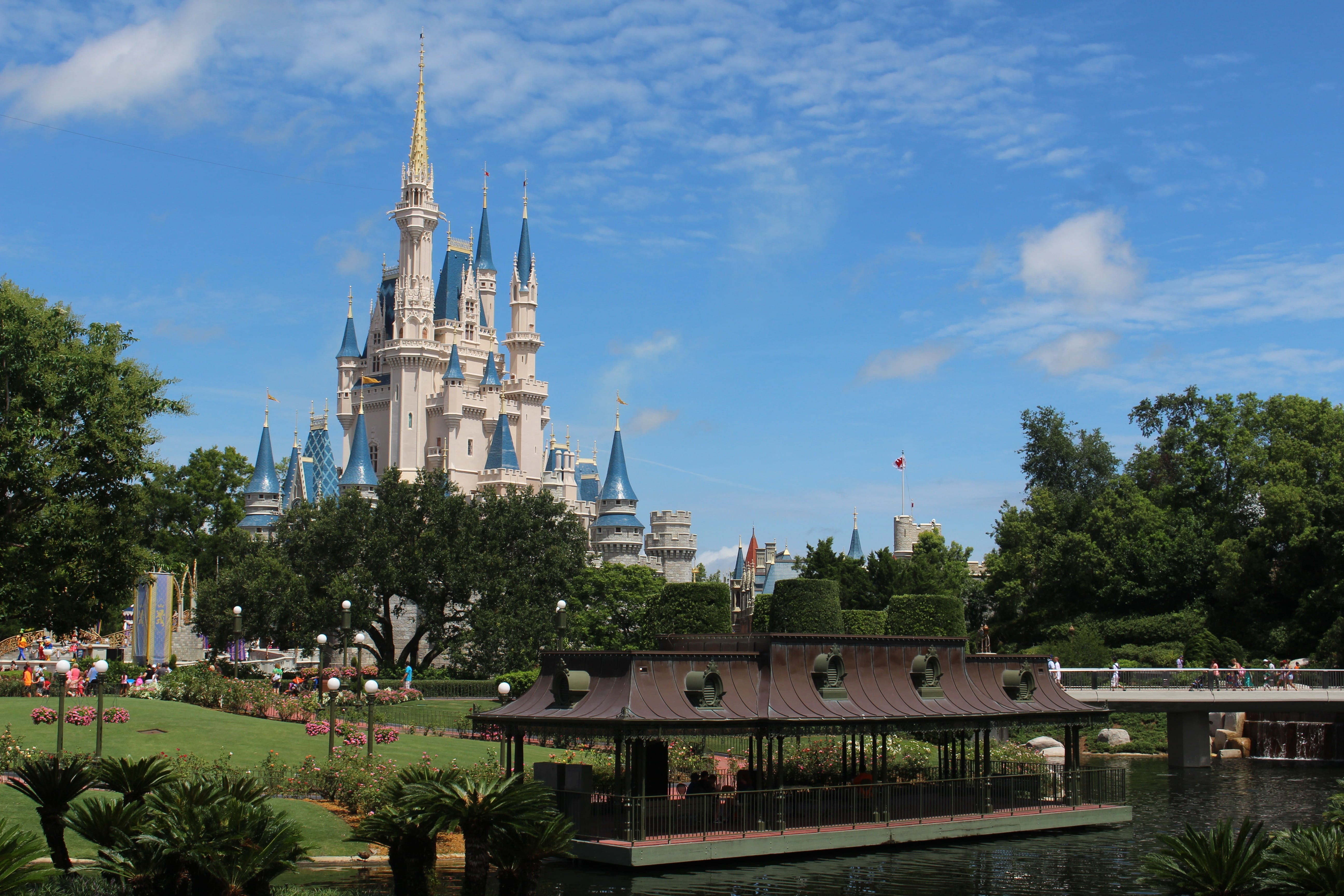 sky, building exterior, travel destinations, day, tree, blue, 5K, walt disney world, castle, photo, outdoors, building, painted, orlando, architecture, HD Wallpaper