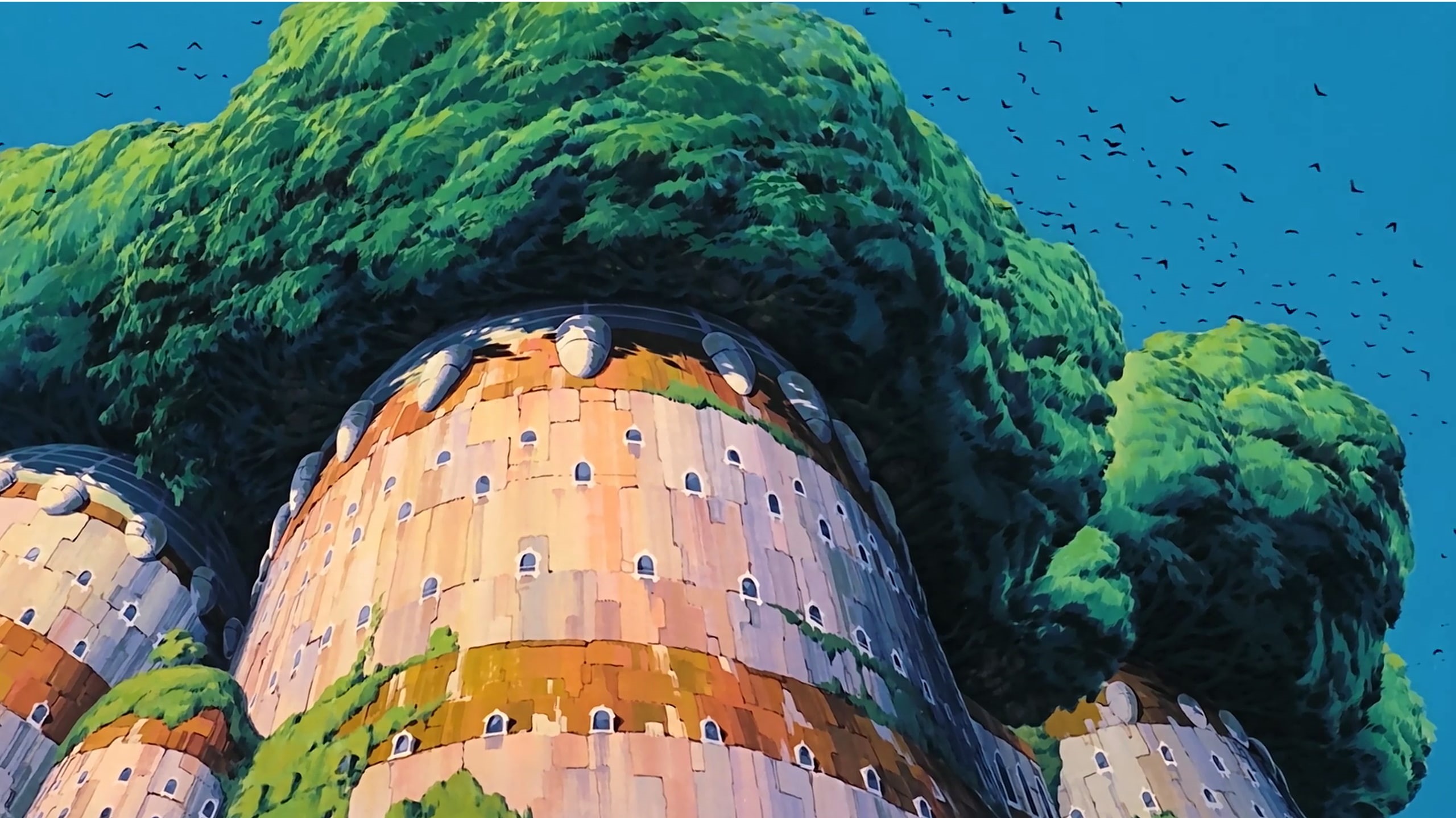no people, the past, sunlight, anime, architecture, sky, nature, water, building, blue, Studio Ghibli, plant, sculpture, low angle view, history, building exterior, HD Wallpaper