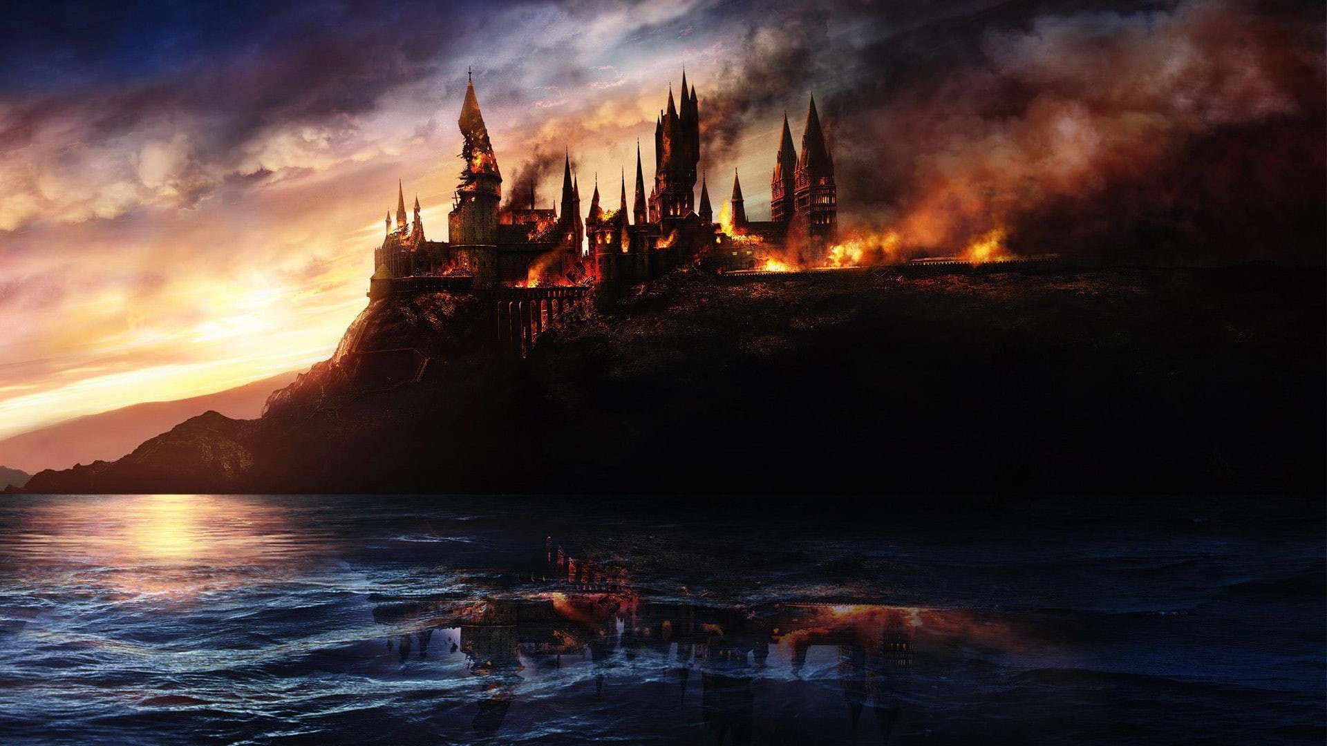 fantasy, potter, digital, hogwarts, castle, harry, witch, art, fire, 1080P, HD Wallpaper