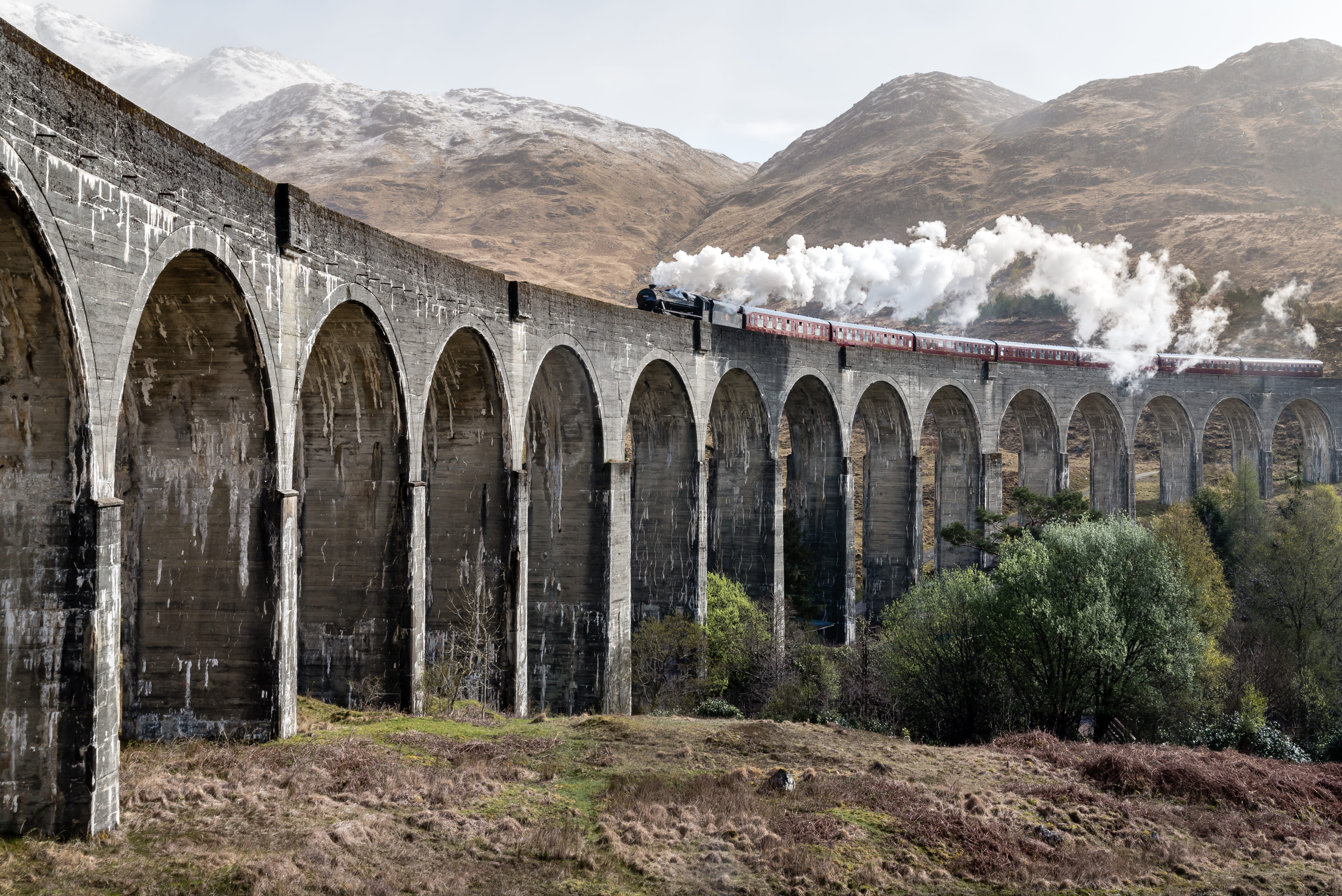 bridge - man made structure, landmark, tree, glenfinnan, steam, transport, smoke, train, united kingdom, environment, sand, daylight, travel, connection, HD Wallpaper