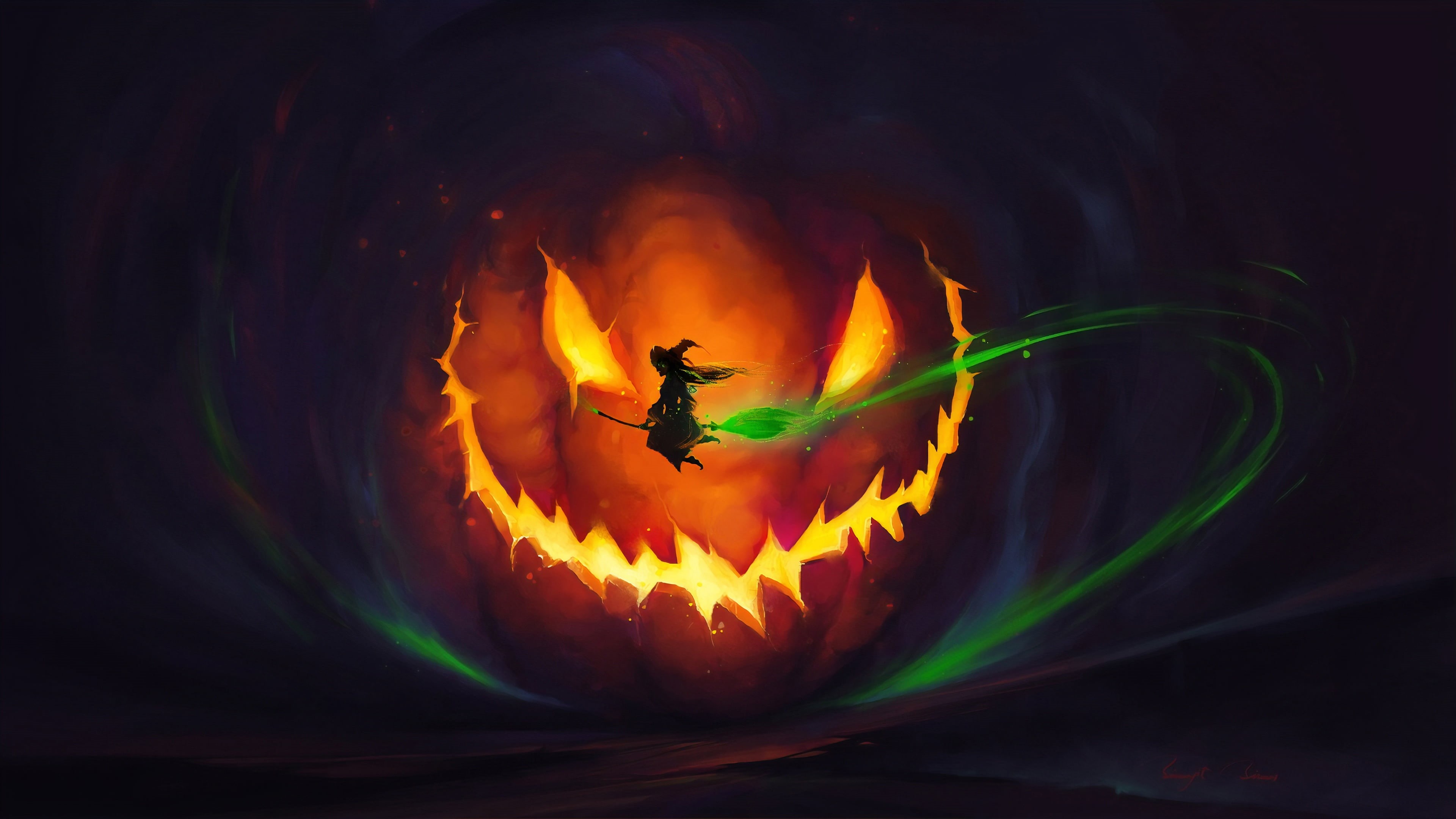 pumpkin, horror, holiday, witch, Jack O Lantern, 4K, dark, spooky, illustration, magic, night, atmosphere, fantasy, BisBiswas, flying, dusk, artist, ambient, HD Wallpaper