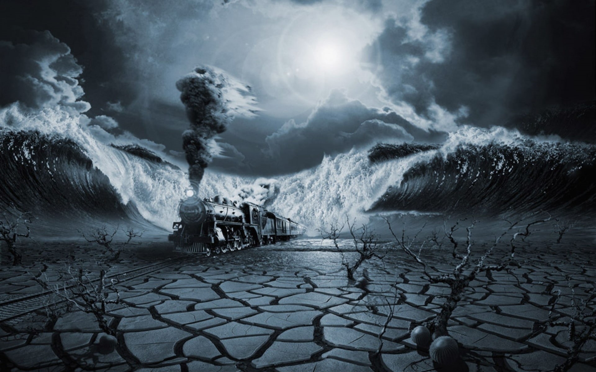 surreal, trains, fantasy, desert, gray, vehicles, moonlight, art, spooky, cracks, landscapes, dark, ocean, storm, steam, light, plants, locomotive, clouds, HD Wallpaper