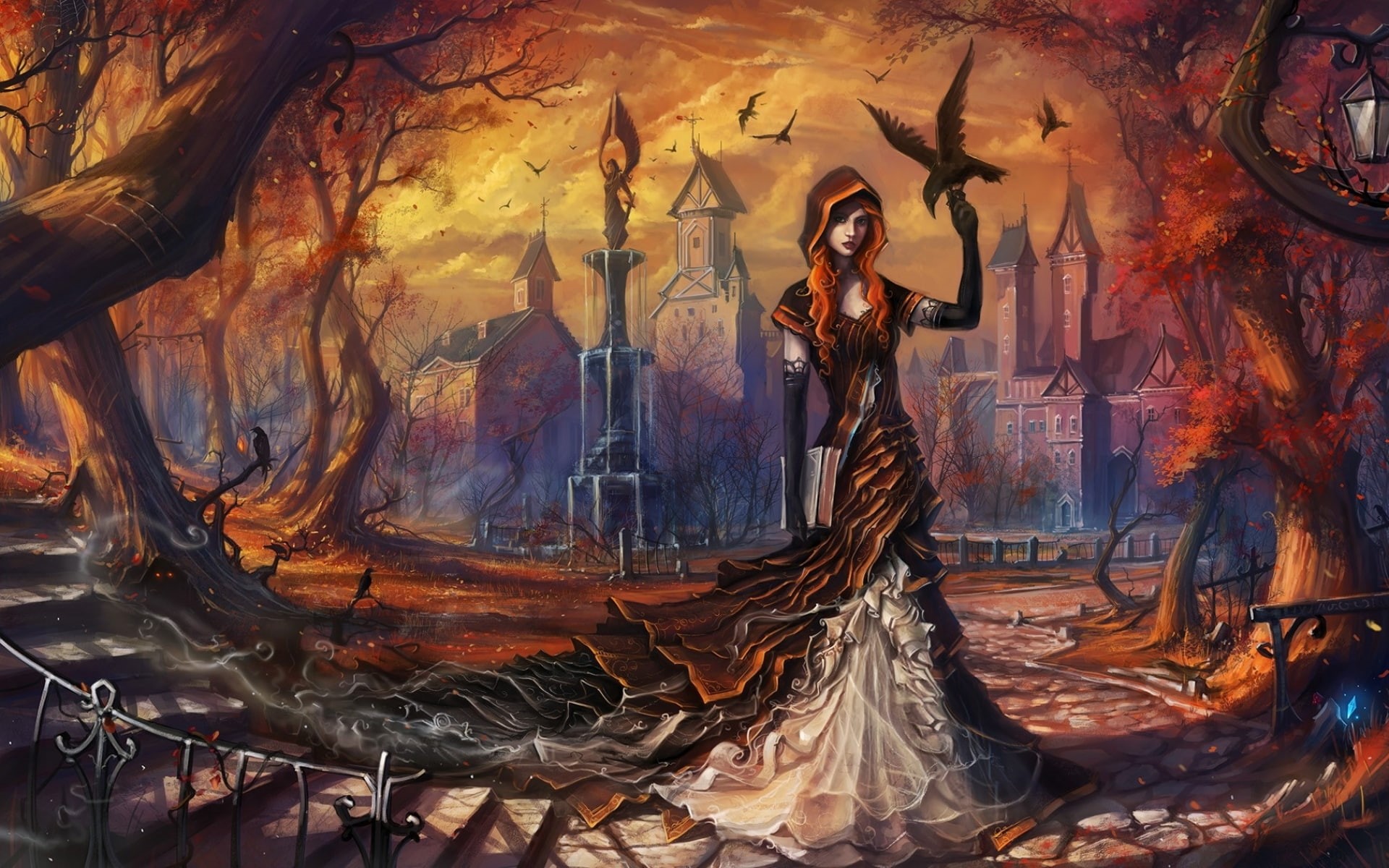 birds, females, raven, dark, seasons, creepy, fantasy, spooky, girls, trees, witch, halloween, gothic, fall, 1080P, women, buildings, artistic, autumn, HD Wallpaper