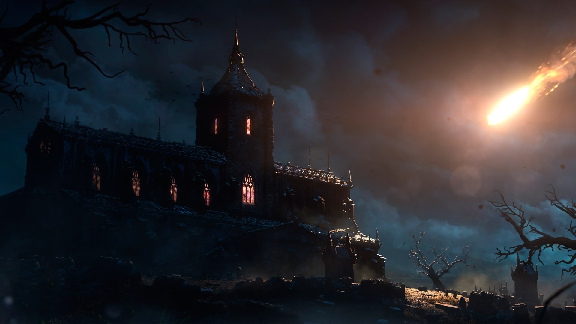 spooky, flames, comet, star, fire, window, clouds, headstone, asteroid, cathedral, church, diablo, haunted, cemetery, yard, horror, halloween, storms, fallen, HD Wallpaper