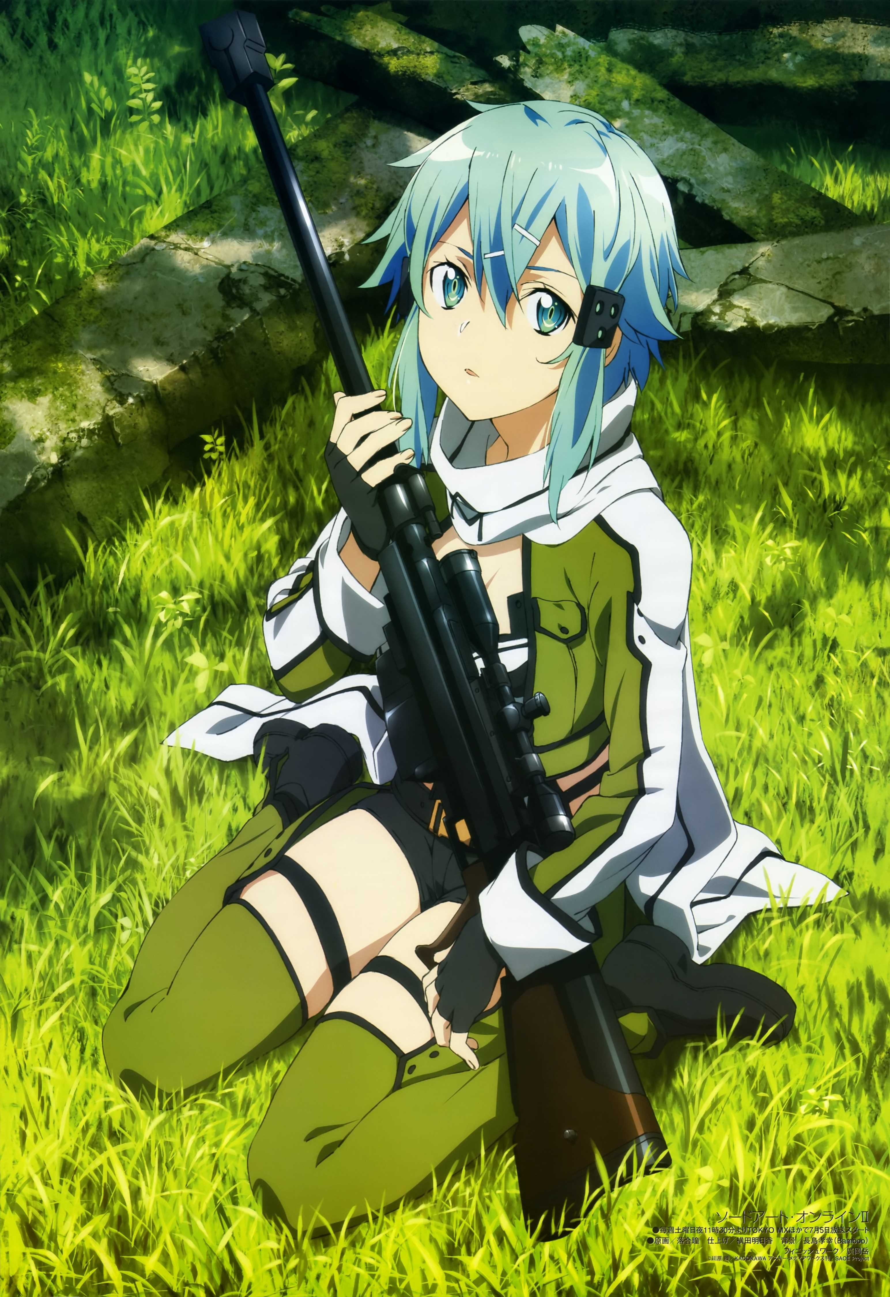 sunlight, girl, representation, plant, sitting, rifle, grass, clothing, sport, helmet, Sinon (Sword Art Online), green color, outdoors, illustration, human representation, Phone HD Wallpaper