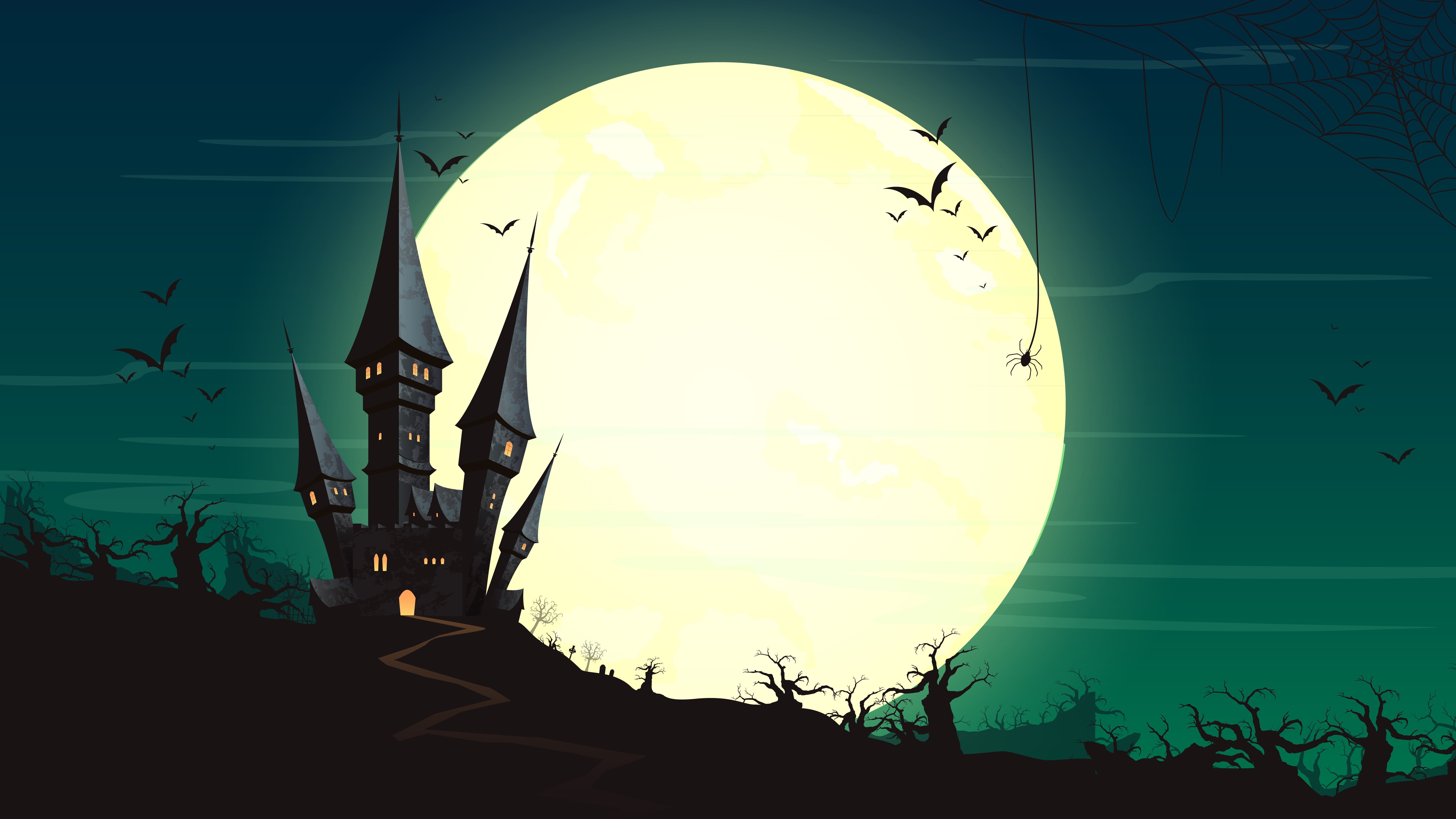 darkness, art, 8K, full moon, plant, geometric shape, electricity, built structure, illustration, day, sunlight, castle, halloween night, bats, architecture, HD Wallpaper