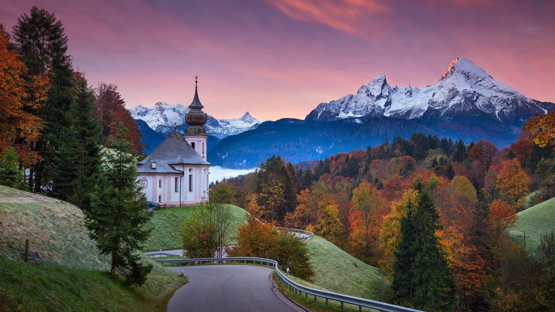 mount scenery, place of worship, mountain village, scenics - nature, alps, mountain, no people, tree, religion, wilderness, outdoors, cloud - sky, autumn, HD Wallpaper