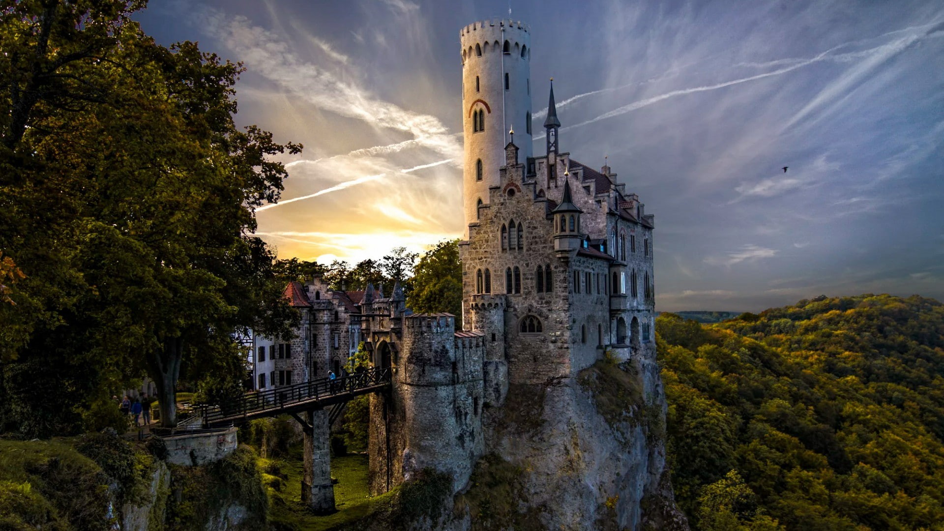 europe, tree, nature, lichtenstein castle, castle, landscape, cloud, 1080P, germany, württemberg, sky, architecture, landmark, morning, gothic, sunlight, HD Wallpaper