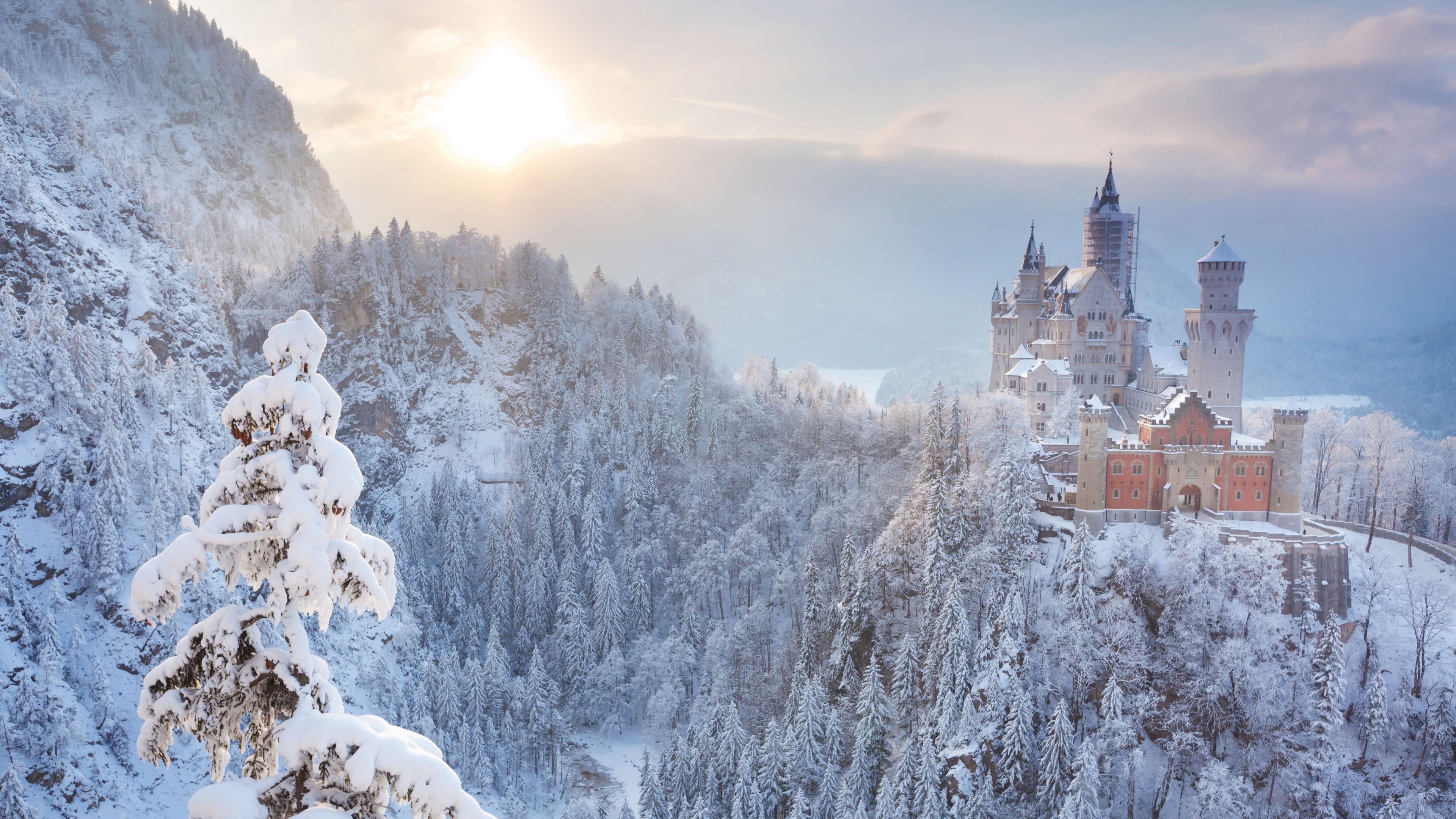 germany, mountainous landforms, winter, cloud, freezing, tree, morning, building exterior, architecture, plant, bavaria, religion, scenics - nature, alps, HD Wallpaper
