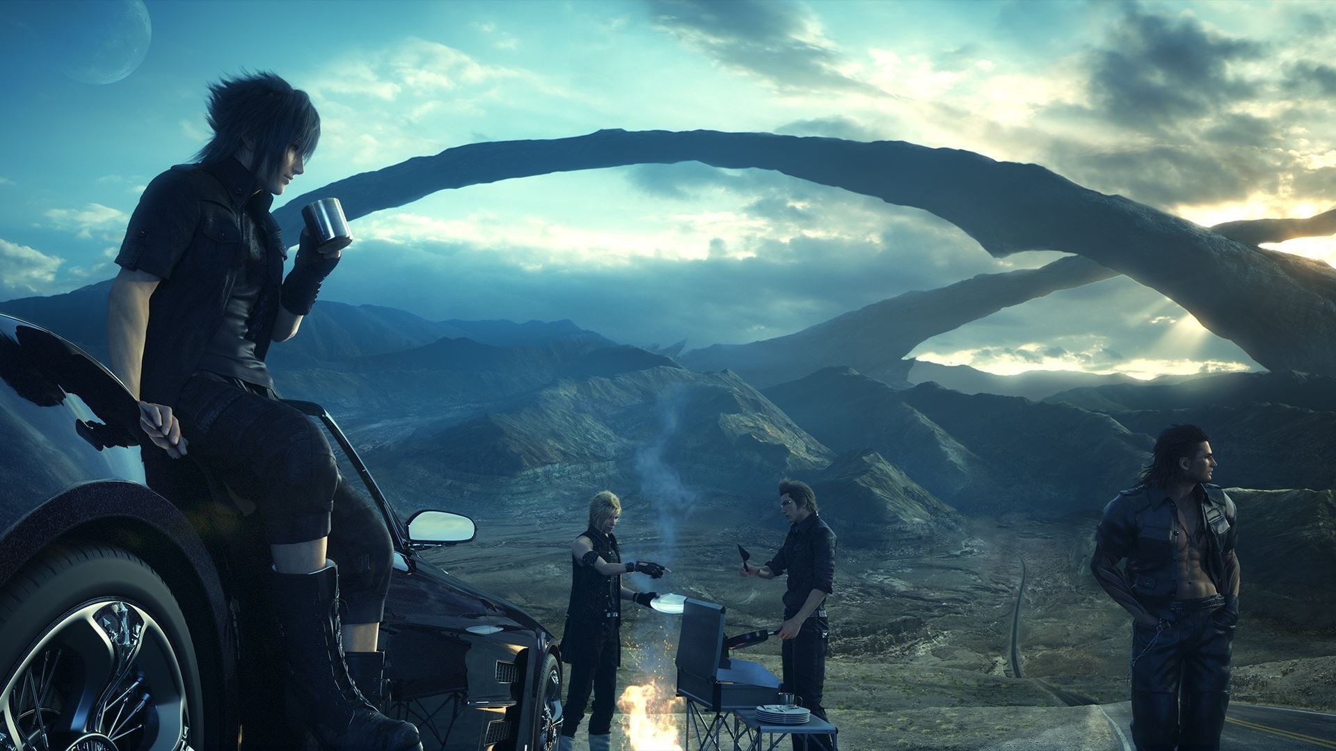activity, mountain, leisure activity, cloud - sky, mode of transportation, men, Final Fantasy XV, non-urban scene, transportation, 1080P, character, HD Wallpaper