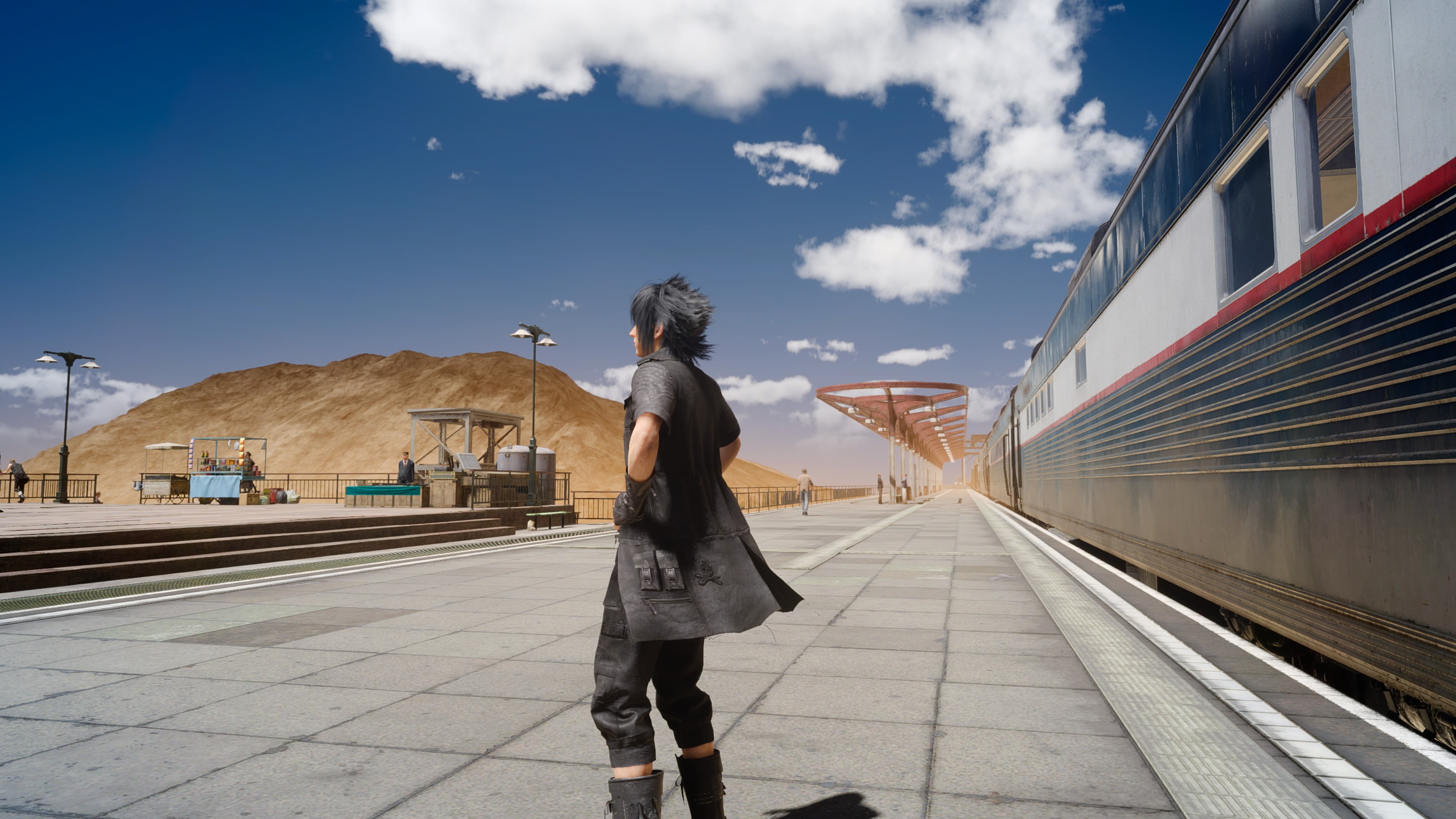 women, 4K, cloud - sky, transportation, full length, Final Fantasy XV, rear view, Final Fantasy, standing, built structure, outdoors, leisure activity, HD Wallpaper