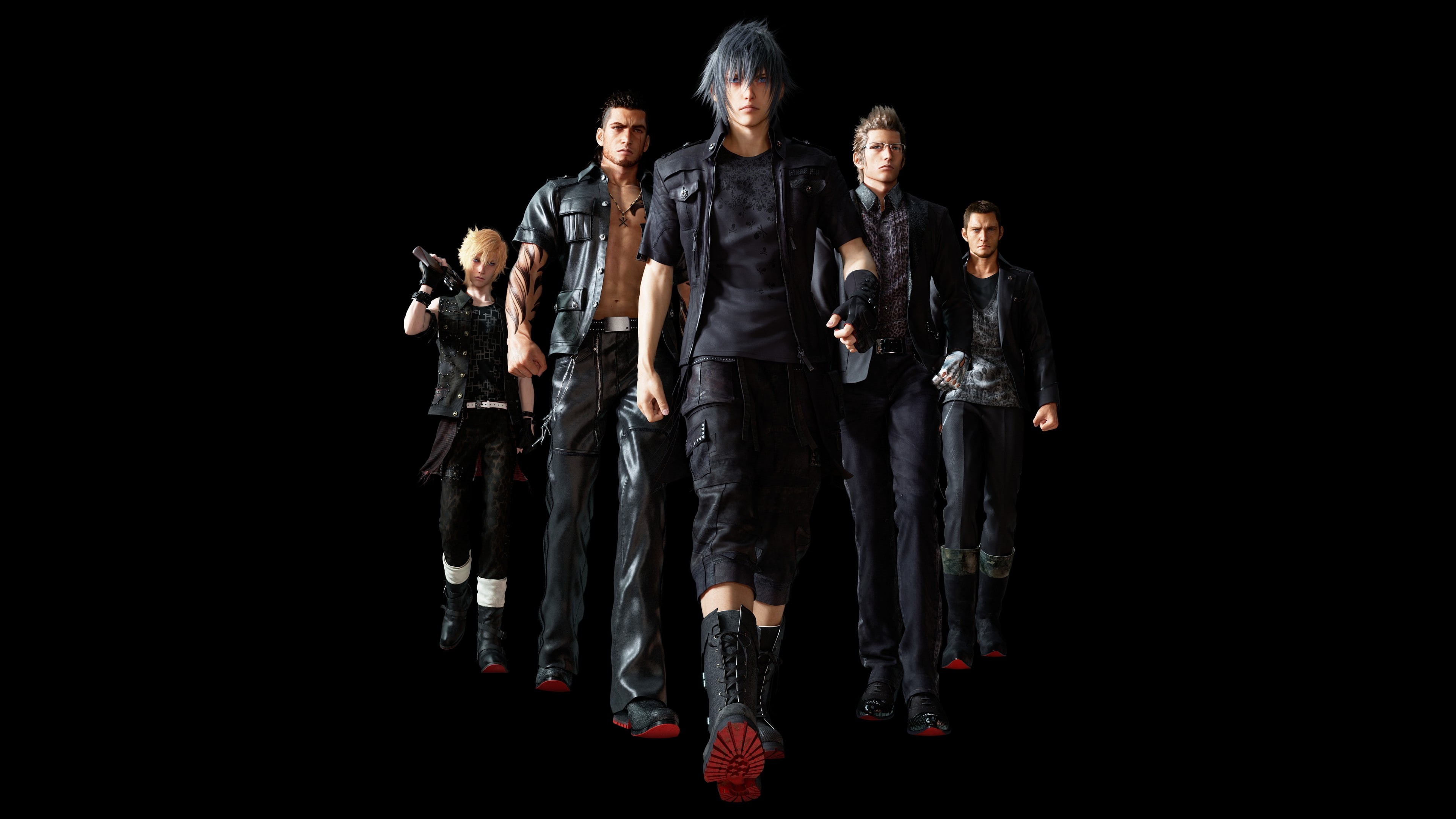 4K, group of people, gun, Final Fantasy XV, handgun, indoors, standing, young adult, young men, front view, black background, video games, males, weapon, HD Wallpaper