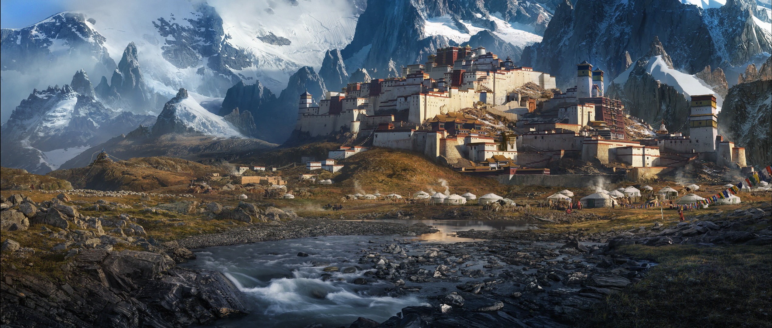 water, creeks, tent, fortress, environment, cold temperature, ice, outdoors, painting, travel destinations, 1080P, snowcapped mountain, brown, city, built structure, HD Wallpaper