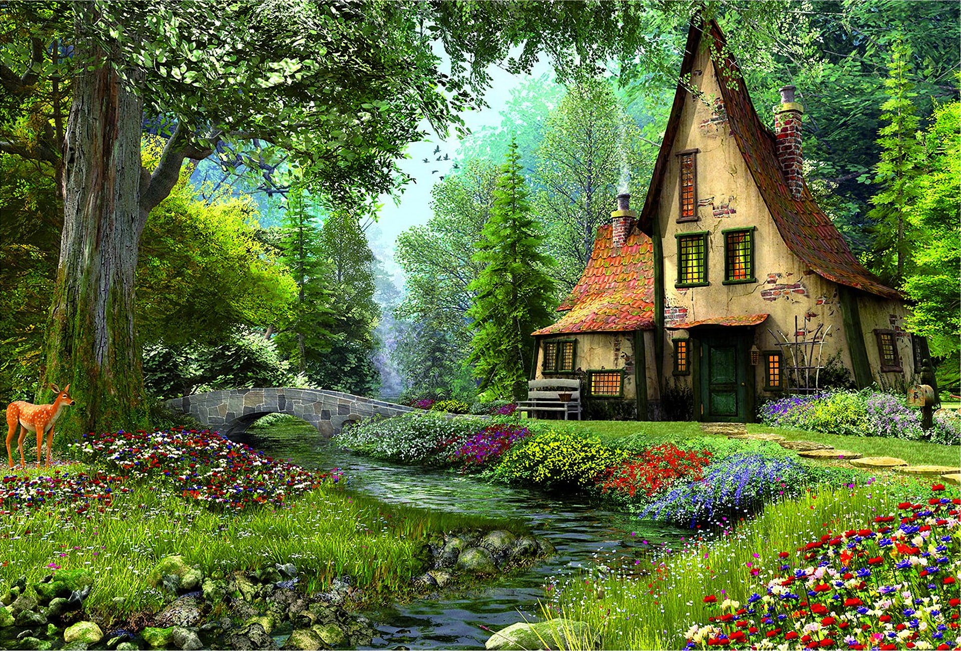 Fairy Tale, Tree, 1080P, Painting, Magical, Bridge, Deer, Spring, River, Flower, House, Artistic, HD Wallpaper