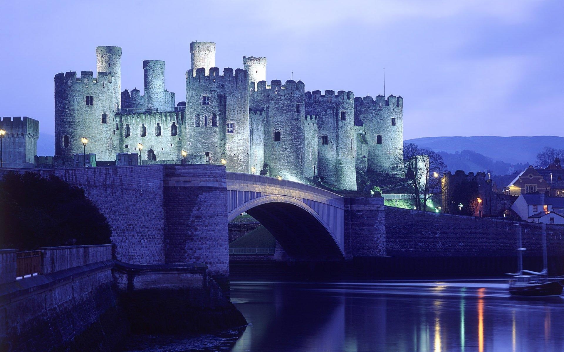 castle, lights, cowny, nature and landscapes, 1080P, beautiful, wales, river, bridge, HD Wallpaper