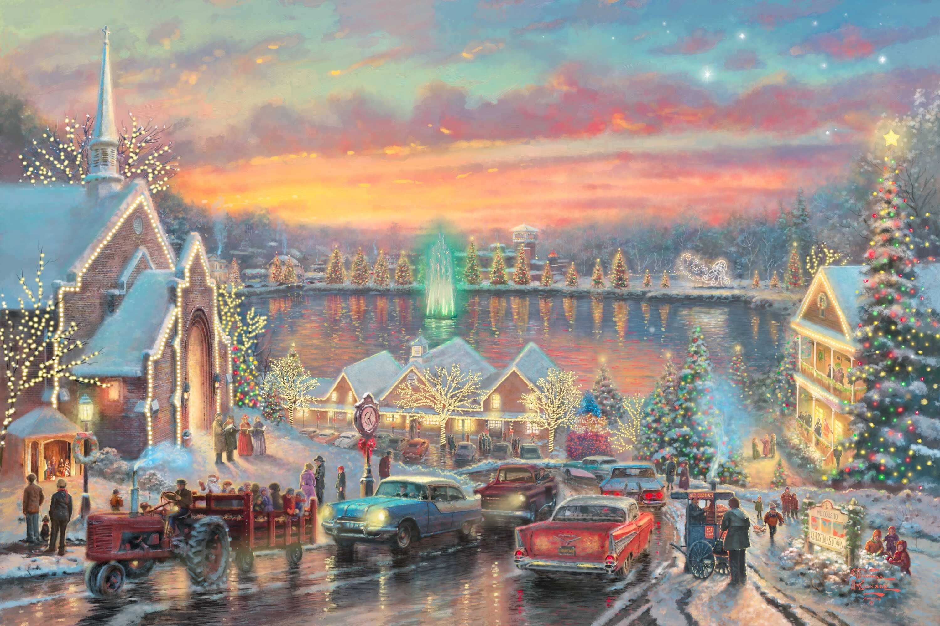 house, cloud - sky, 2K, river, dusk, illuminated, architecture, town, built Structure, garland, holiday, nature, road, place of worship, water, sky, Thomas Kinkade, HD Wallpaper