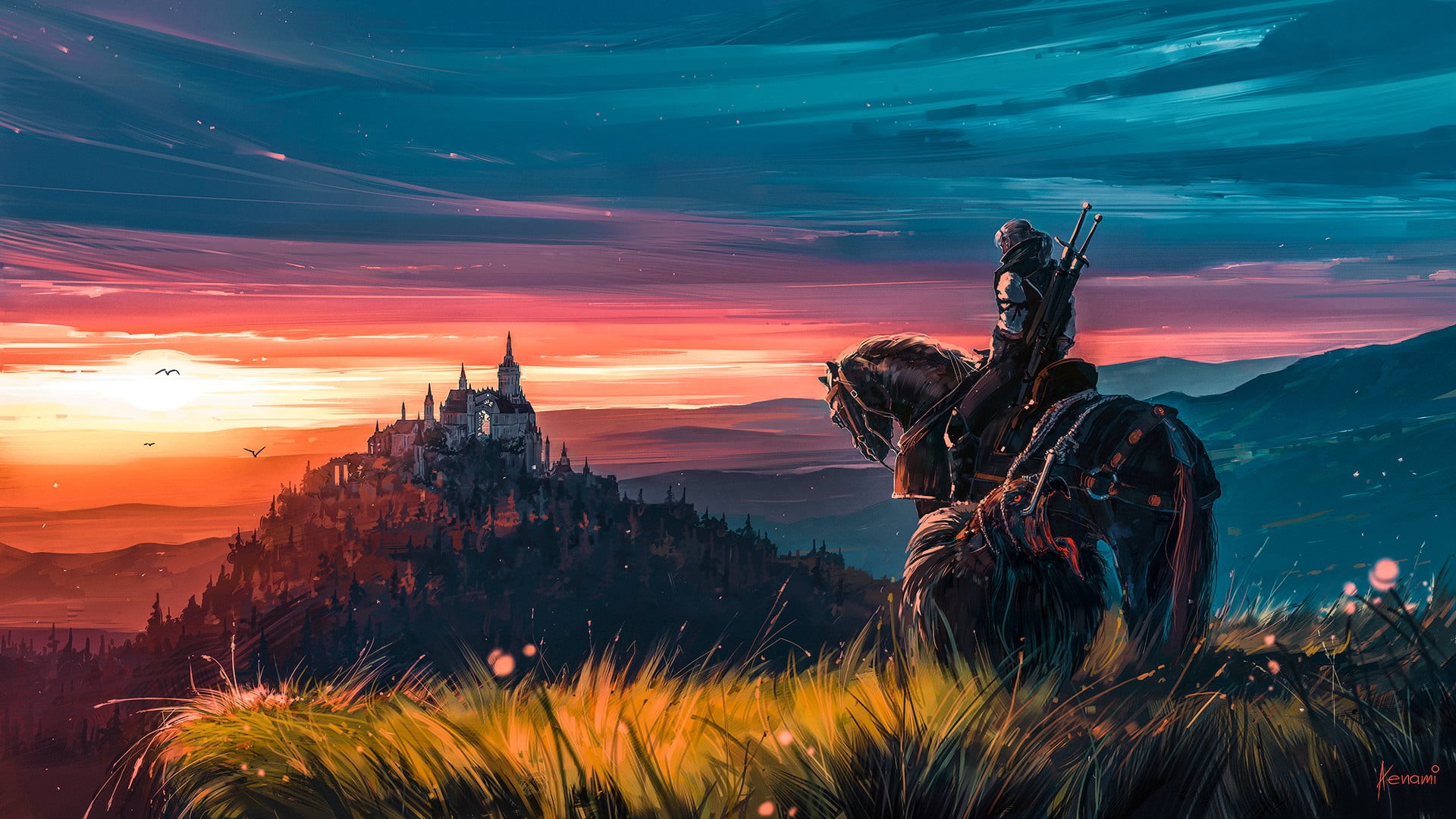 sky, The Witcher 3: Wild Hunt - Blood and Wine, video games, Kingdom, evening, horse, castle, sword, grass, 1080P, The Witcher, Geralt of Rivia, Aenami, HD Wallpaper