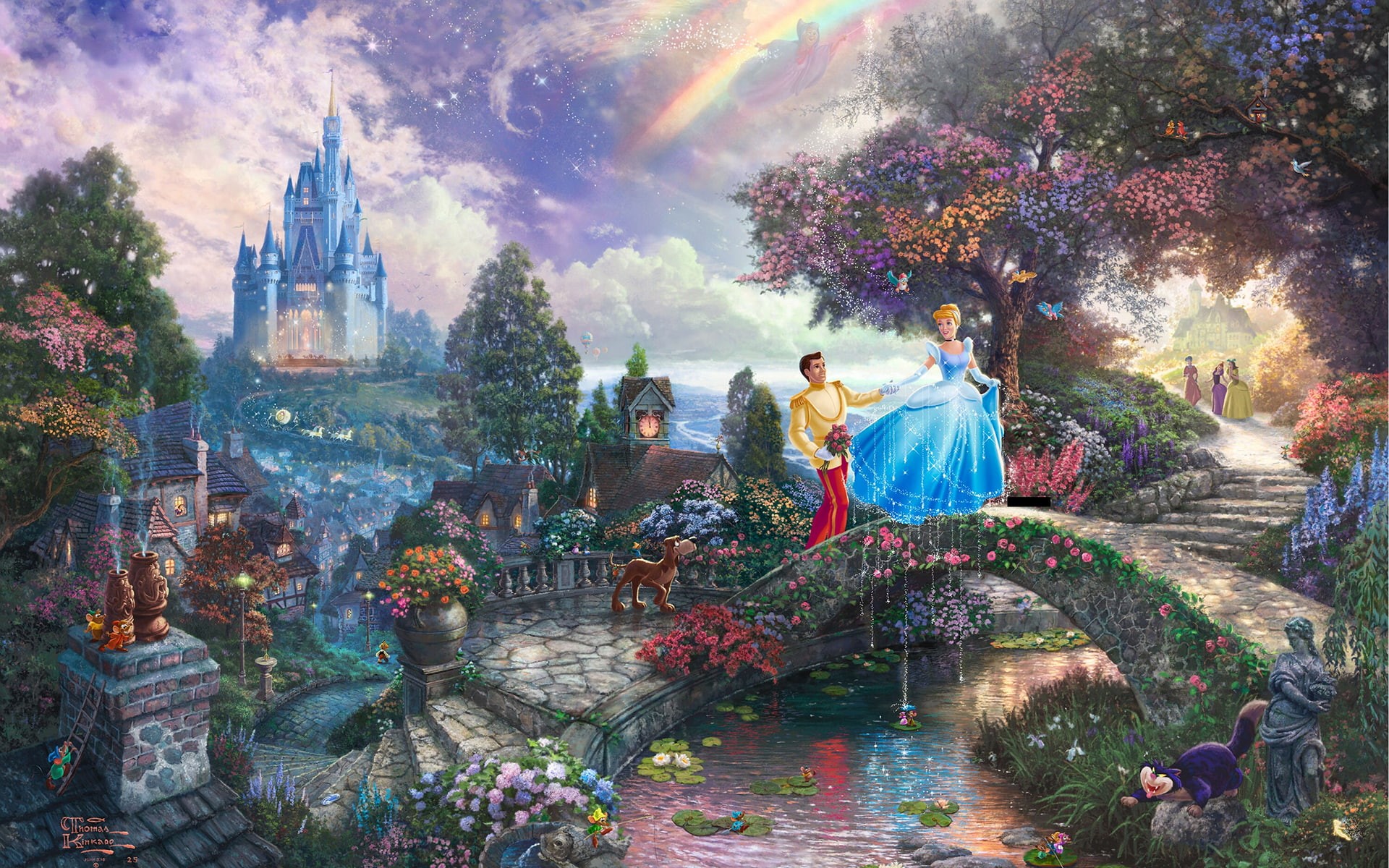 disney, bridge, photo, castle, trees, cinderella, 1080P, rainbow, walking, drawing, tall, near, digital/artwork, hd, prince, HD Wallpaper