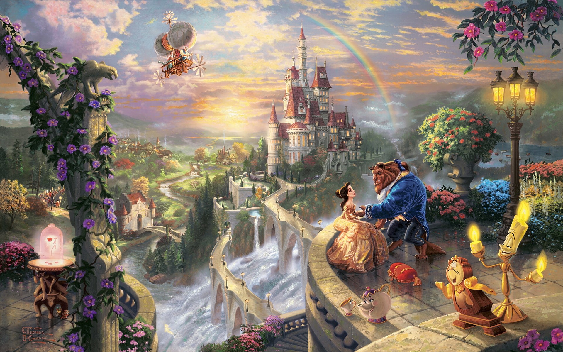 castle, hd, digital/artwork, 1080P, rainbow, and, beauty, the, disney, beast, HD Wallpaper