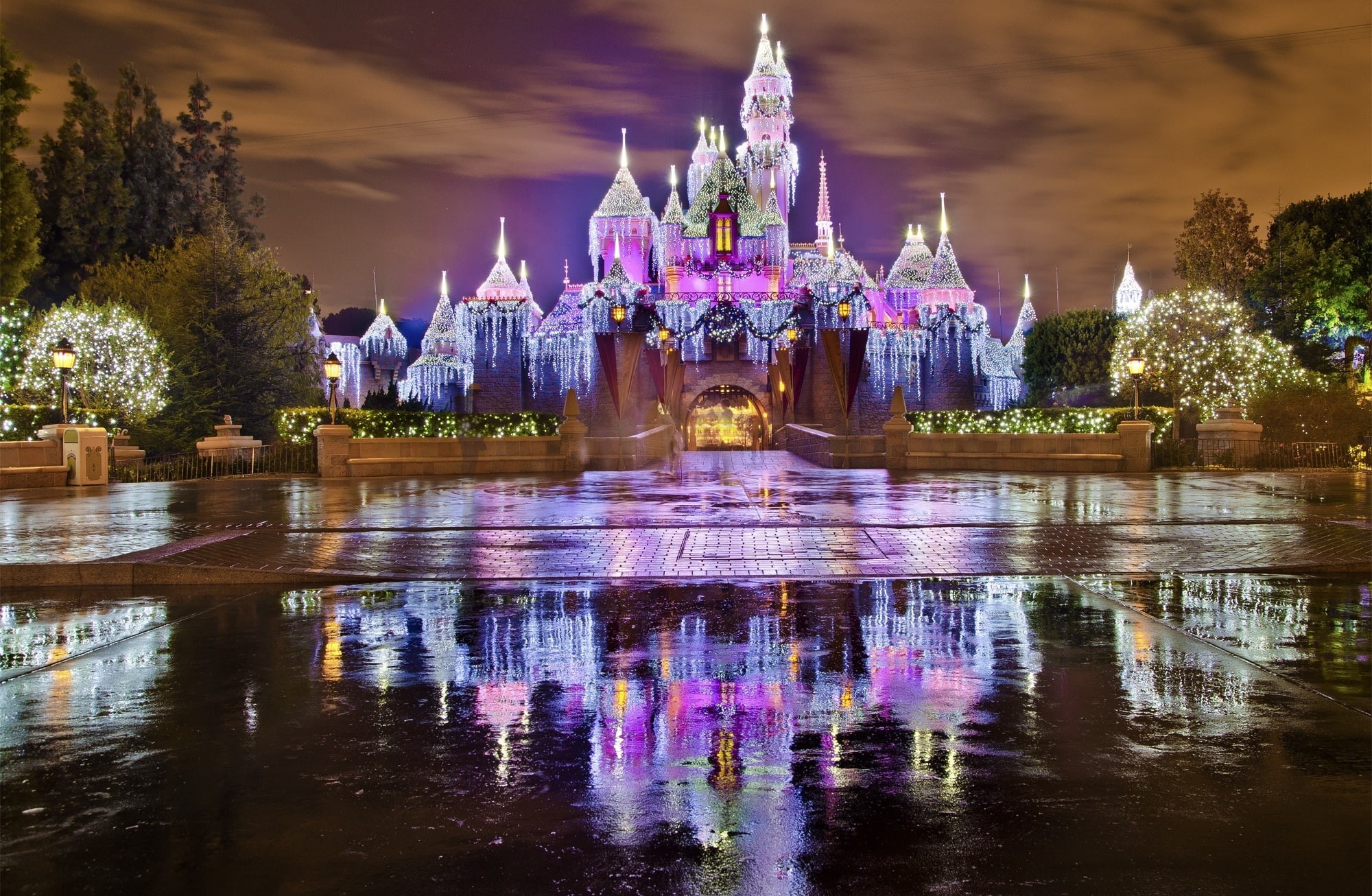 lake, waterfront, reflection, tree, purple, outdoors, tourism, 1080P, religion, Sleeping Beauty Castle, Christmas, castle, spirituality, sleeping, no people, HD Wallpaper