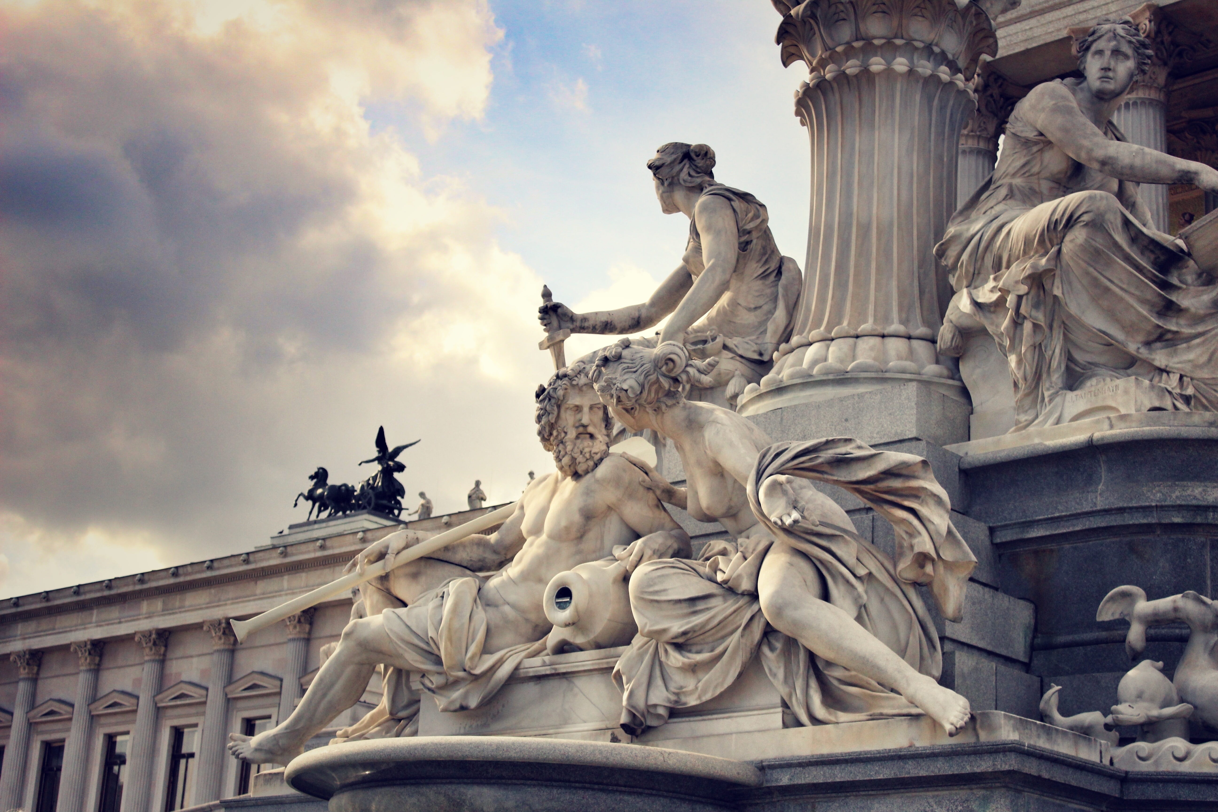 stone, cloud - sky, the past, 5K, ceramic, statue, building exterior, architecture, antique, vienna, sculpture, old, built structure, architectural column, HD Wallpaper