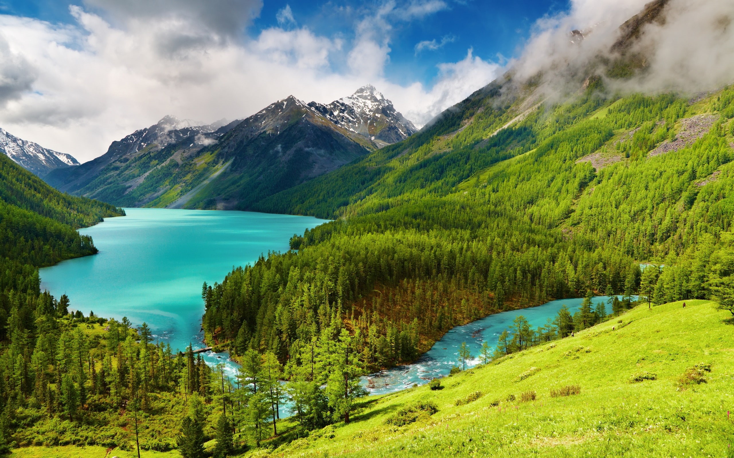 River, Trees, Scenery, Mountains, 2K, Nature, Green, Lake, Beautiful, Clouds, HD Wallpaper