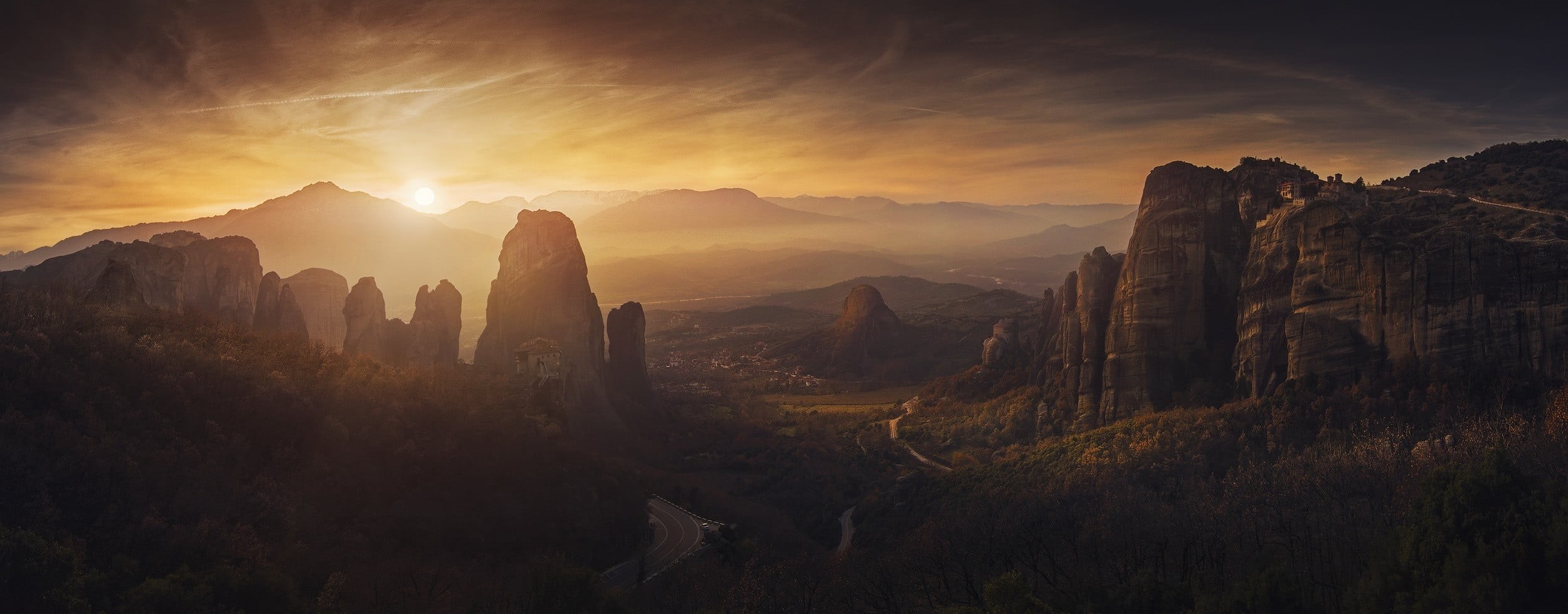 land, Meteora, sky, travel, mist, rock - object, landscape, hills, mountain, cloud - sky, outdoors, rocks, nature, rock, pine tree, solid, monastery, mountains, HD Wallpaper